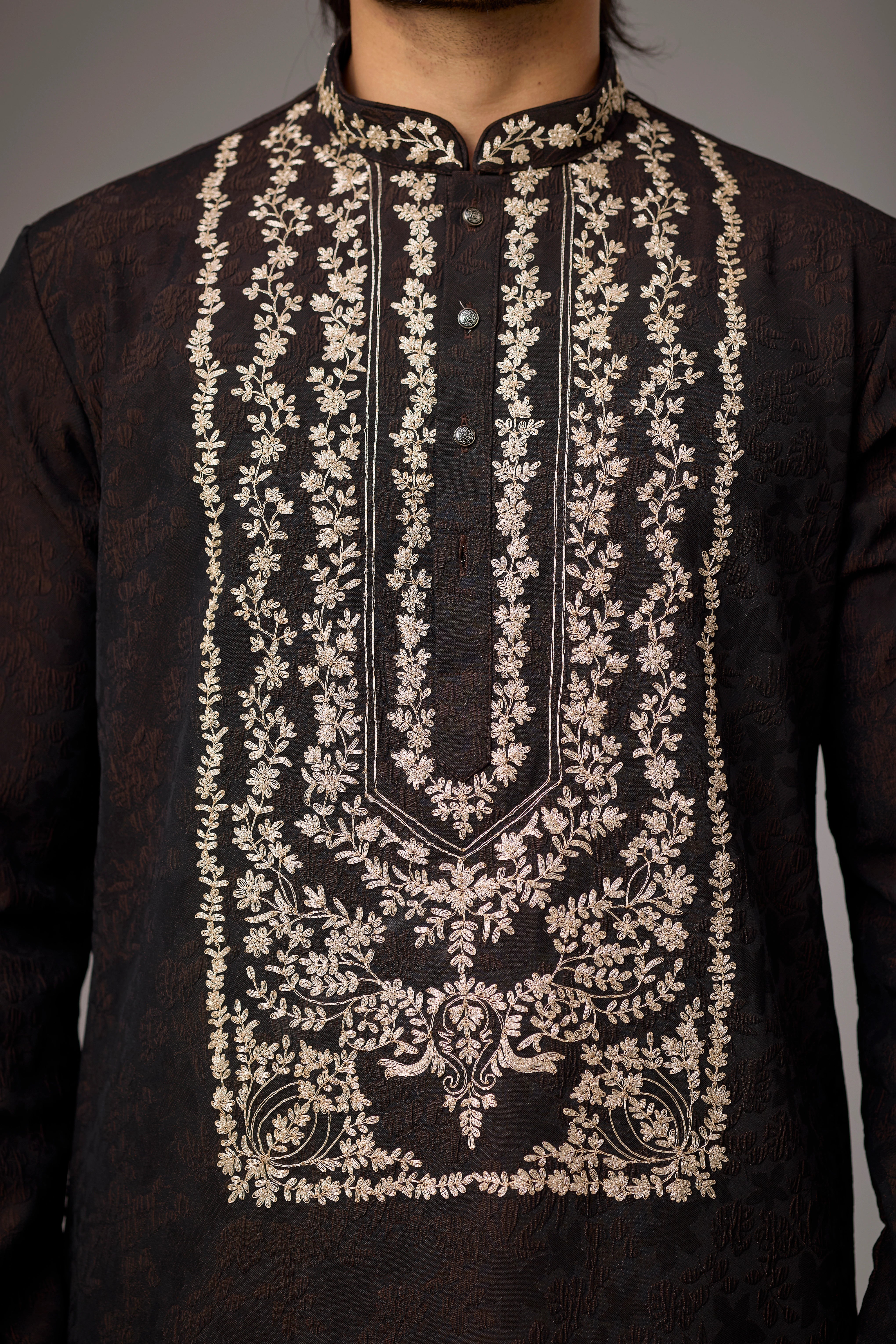 Dark Brown Floral Heritage Embroidered Kurta Set