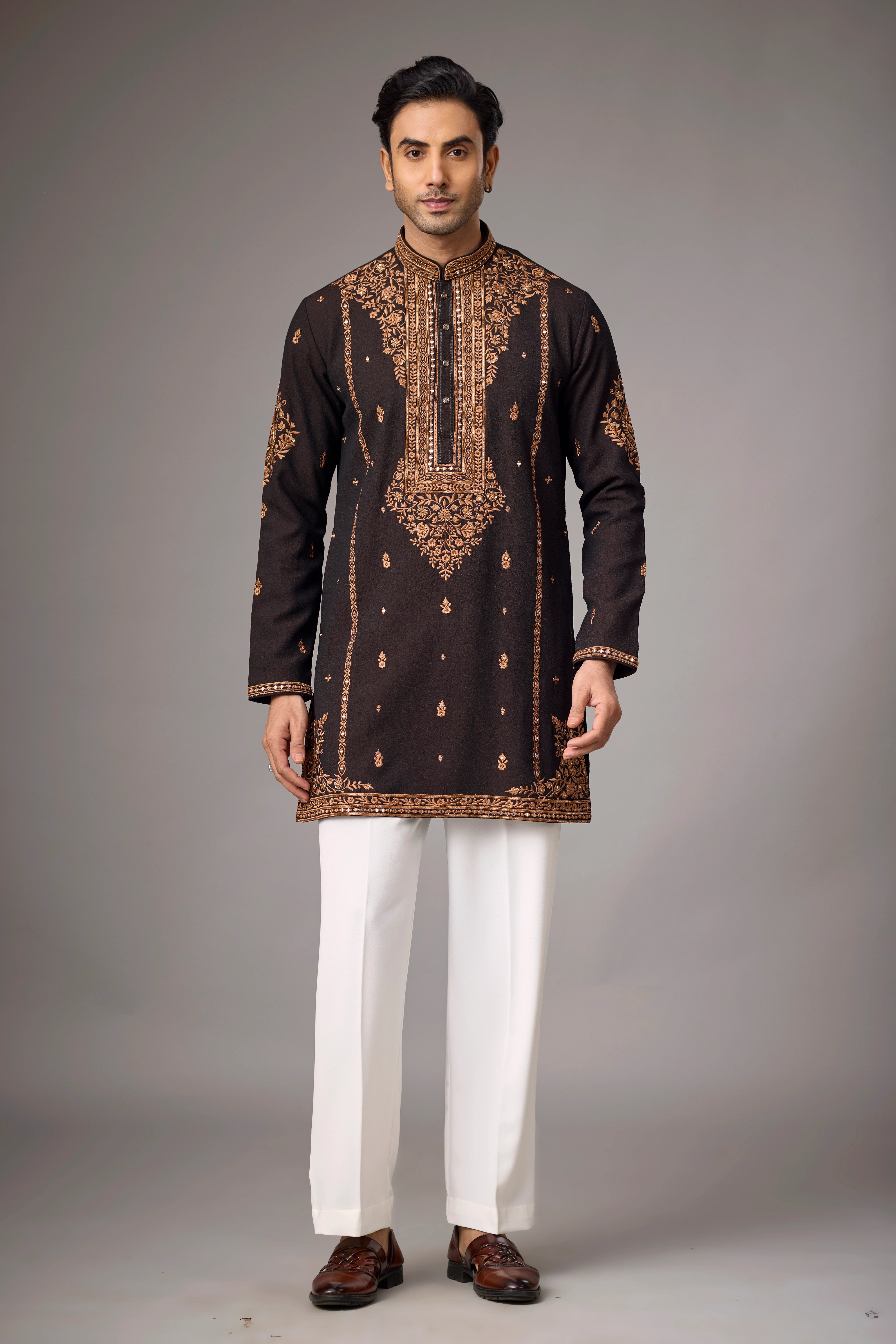 Dark Brown Regal Floral Embroidered Kurta Set