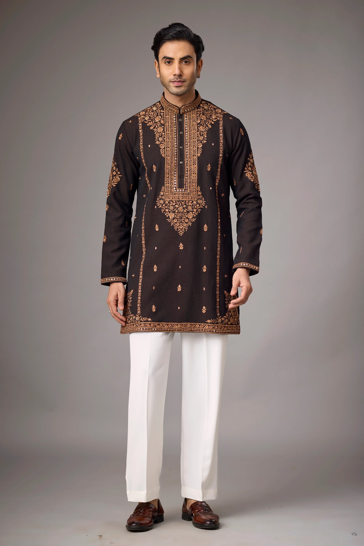 Dark Brown Regal Floral Embroidered Kurta Set