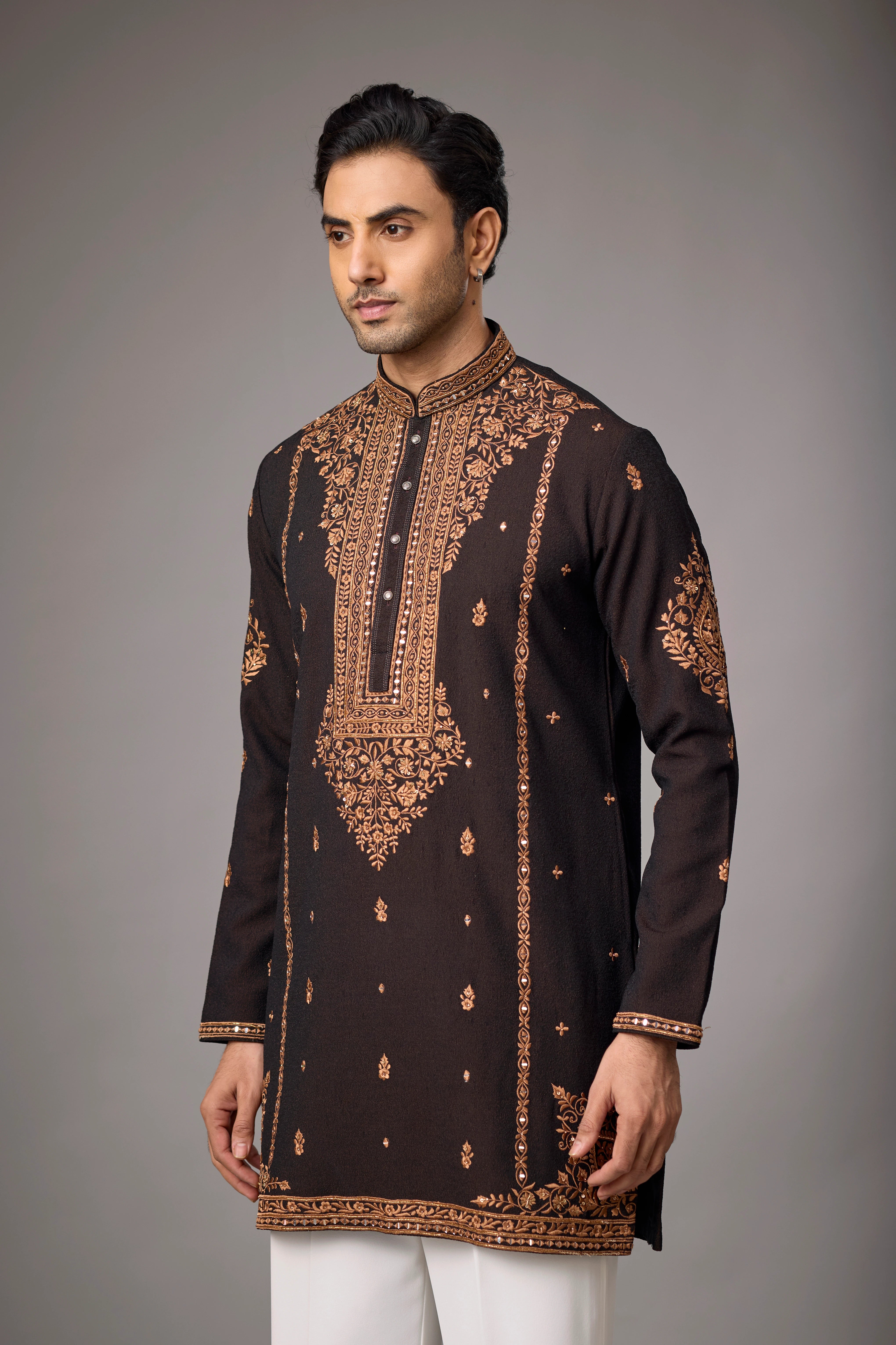 Dark Brown Regal Floral Embroidered Kurta Set