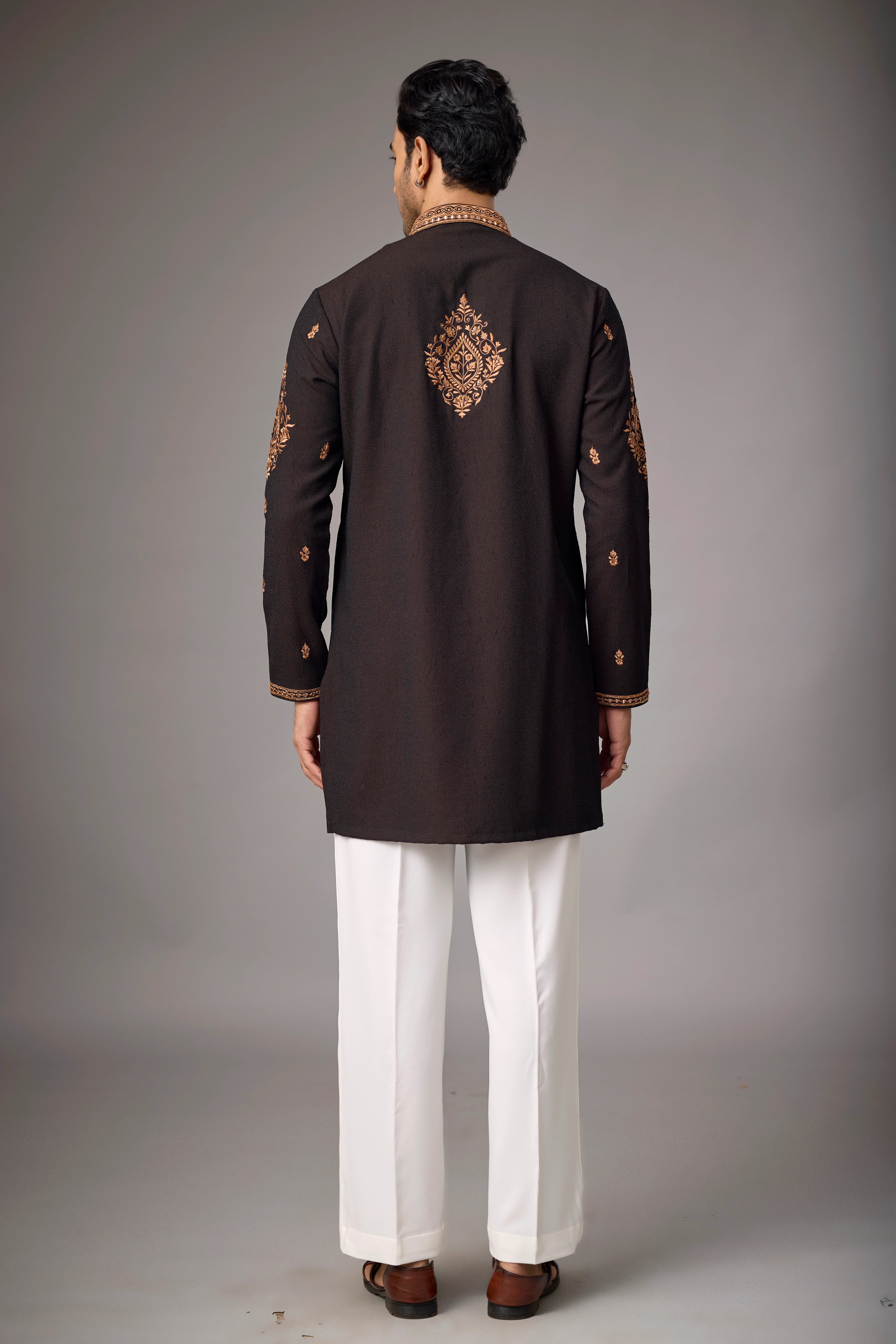 Dark Brown Regal Floral Embroidered Kurta Set