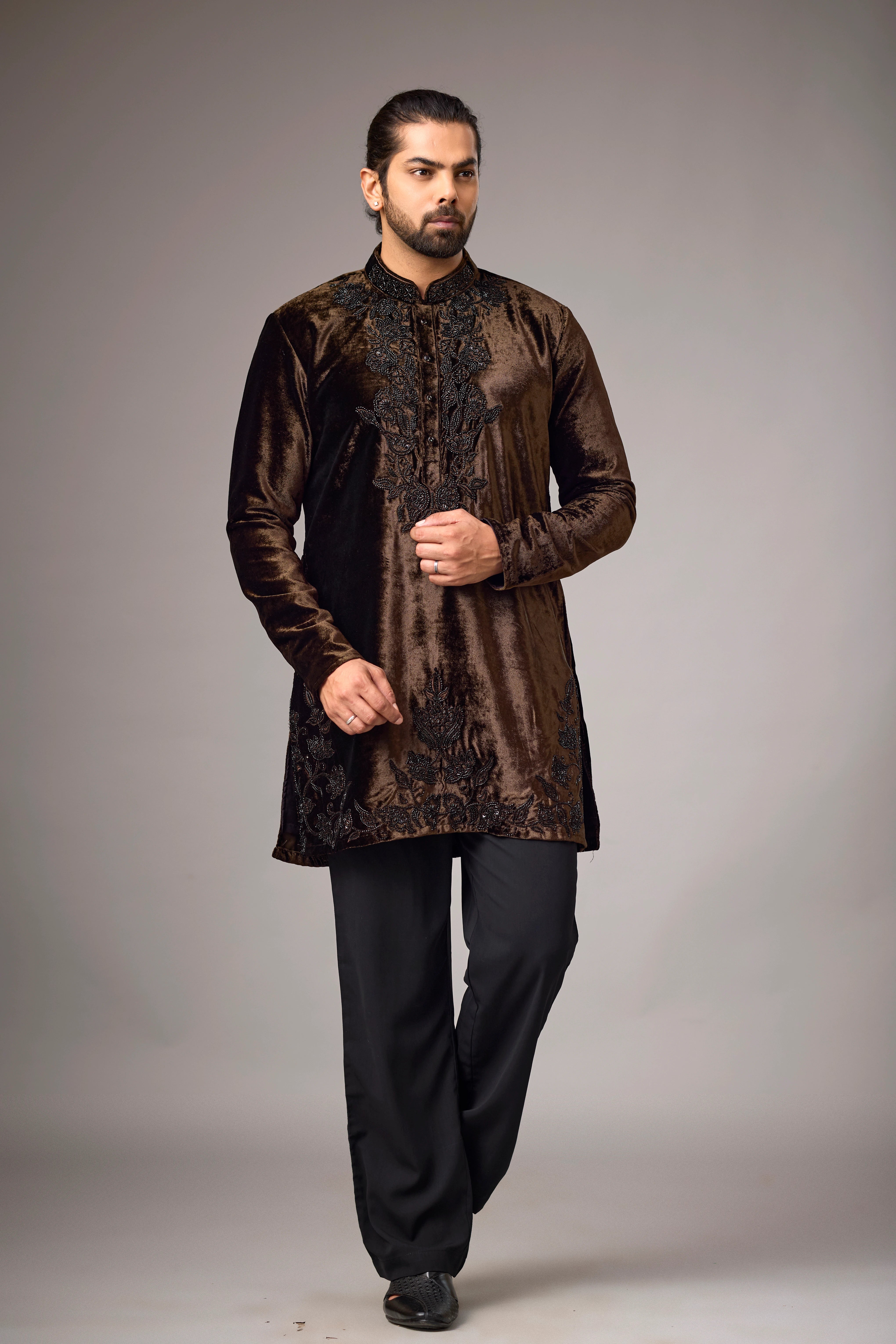 Chocolate Brown Velvet-Look Floral Embroidered Kurta Set