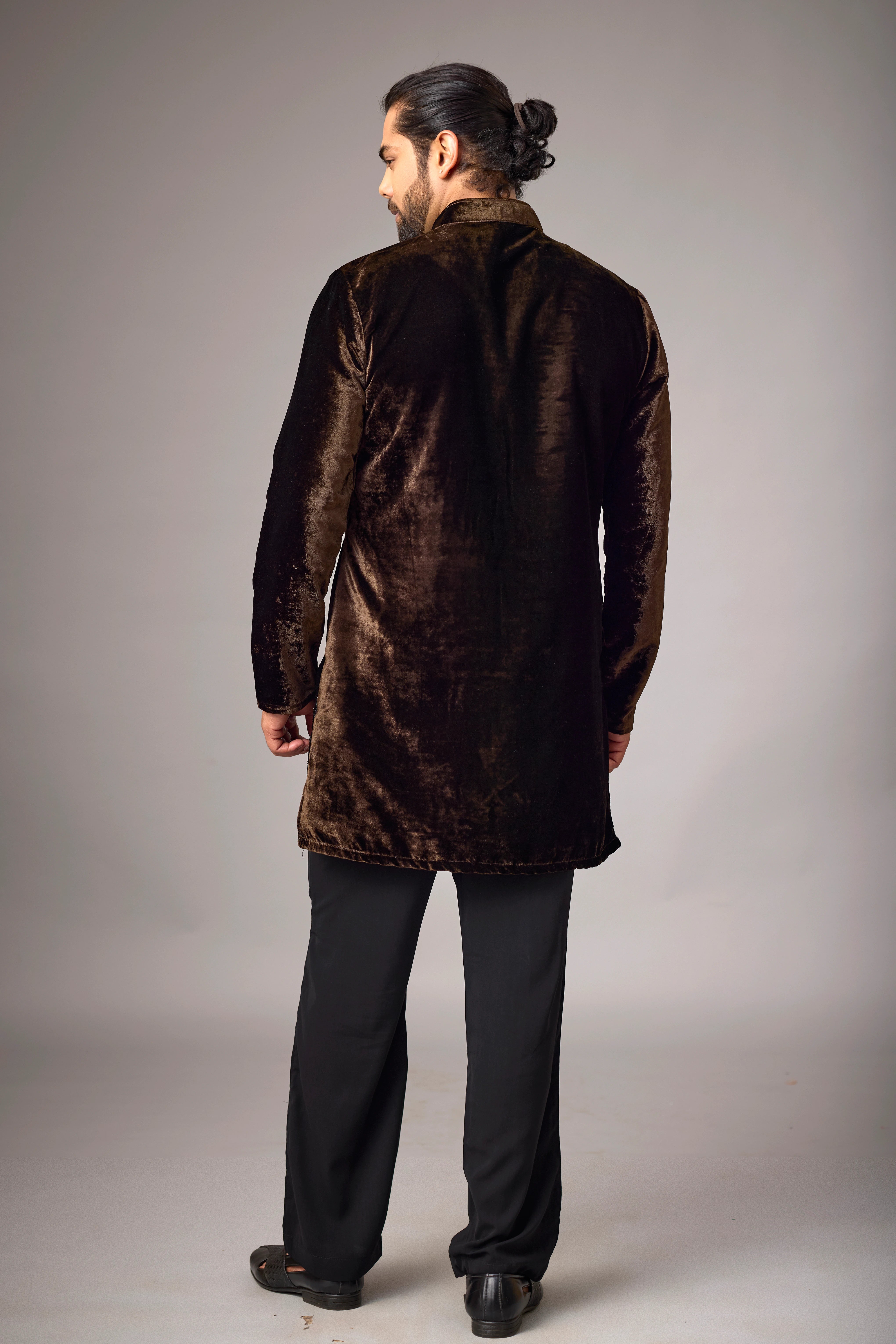 Chocolate Brown Velvet-Look Floral Embroidered Kurta Set