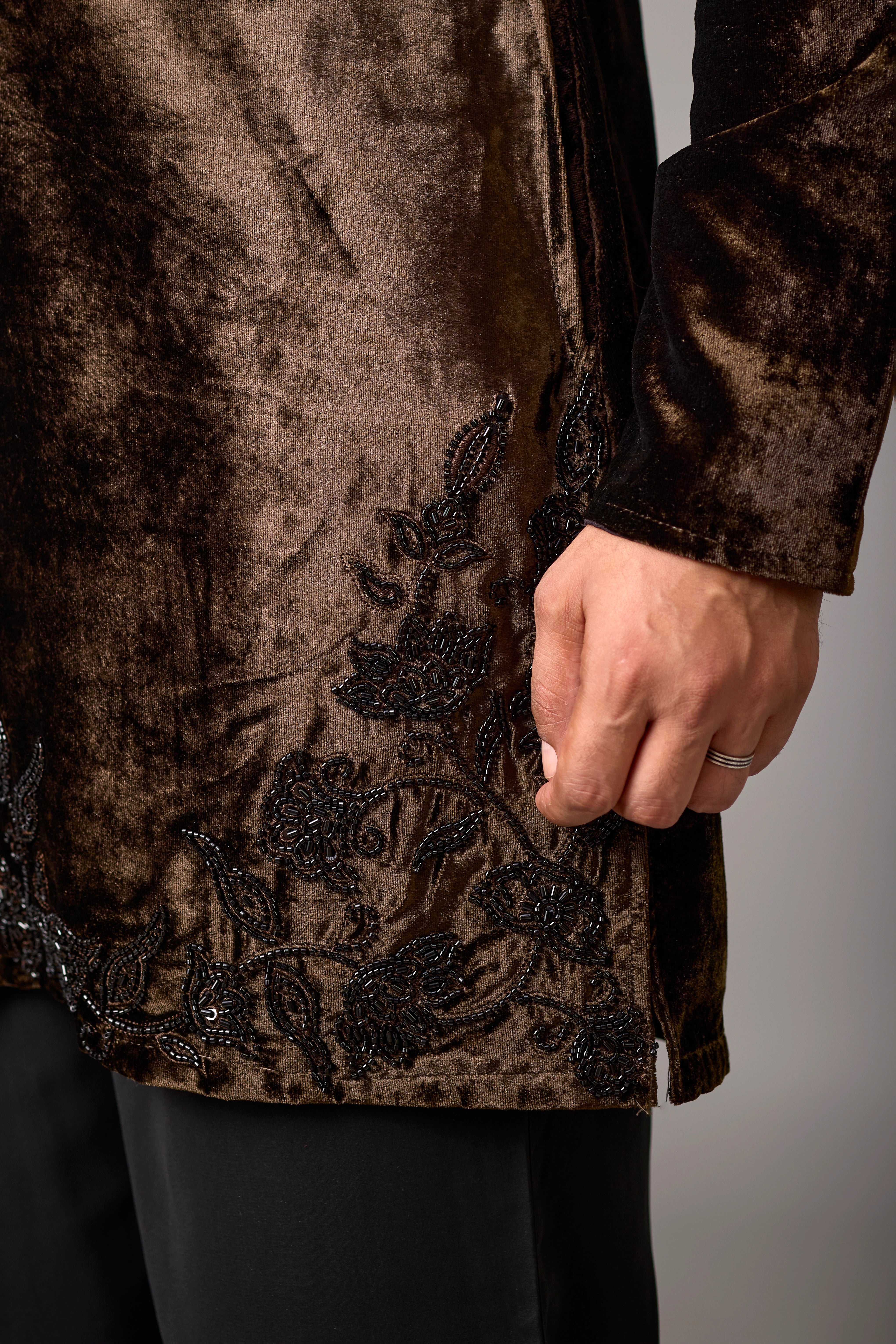 Chocolate Brown Velvet-Look Floral Embroidered Kurta Set