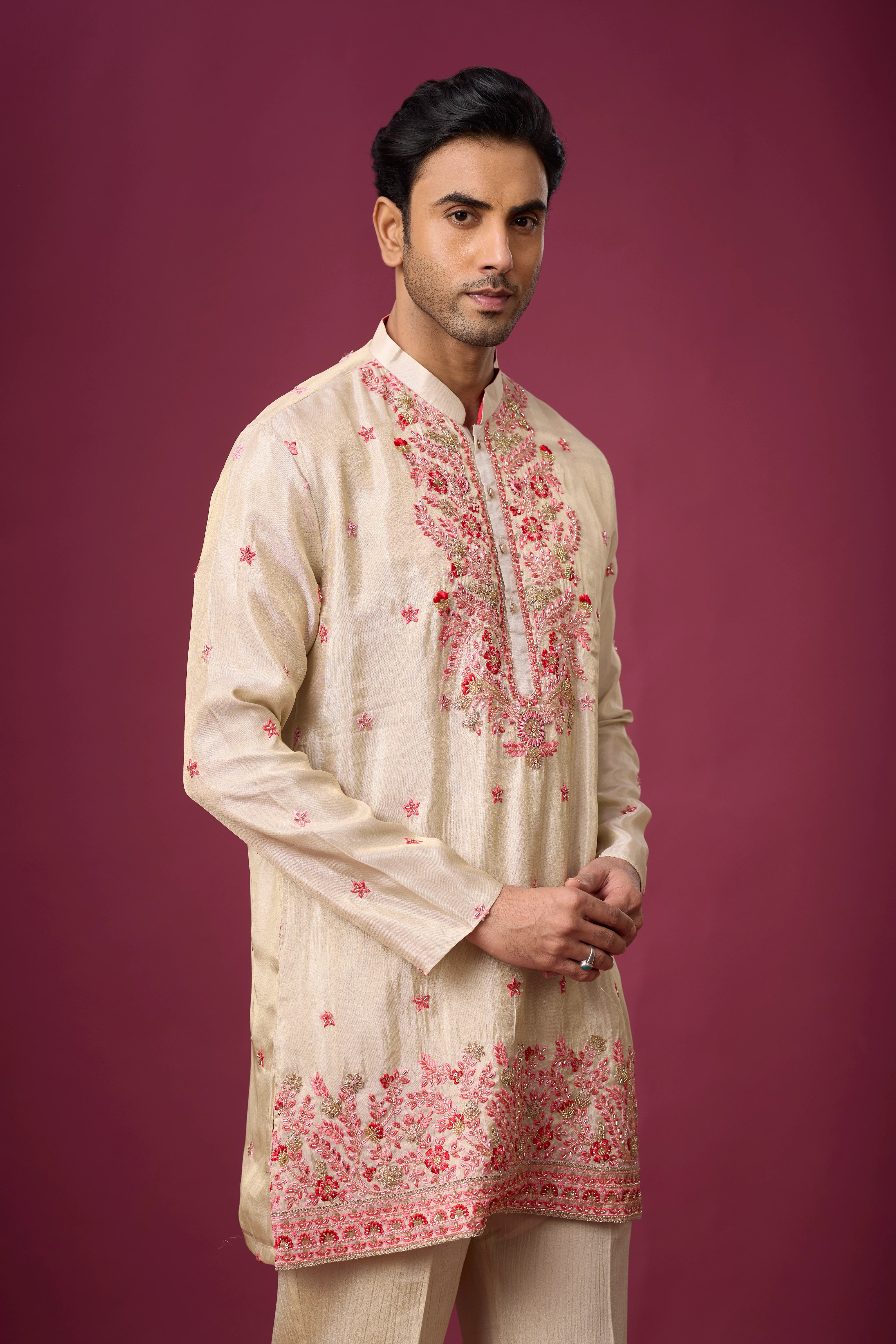 Ivory Rosé Floral Embroidered Kurta Set