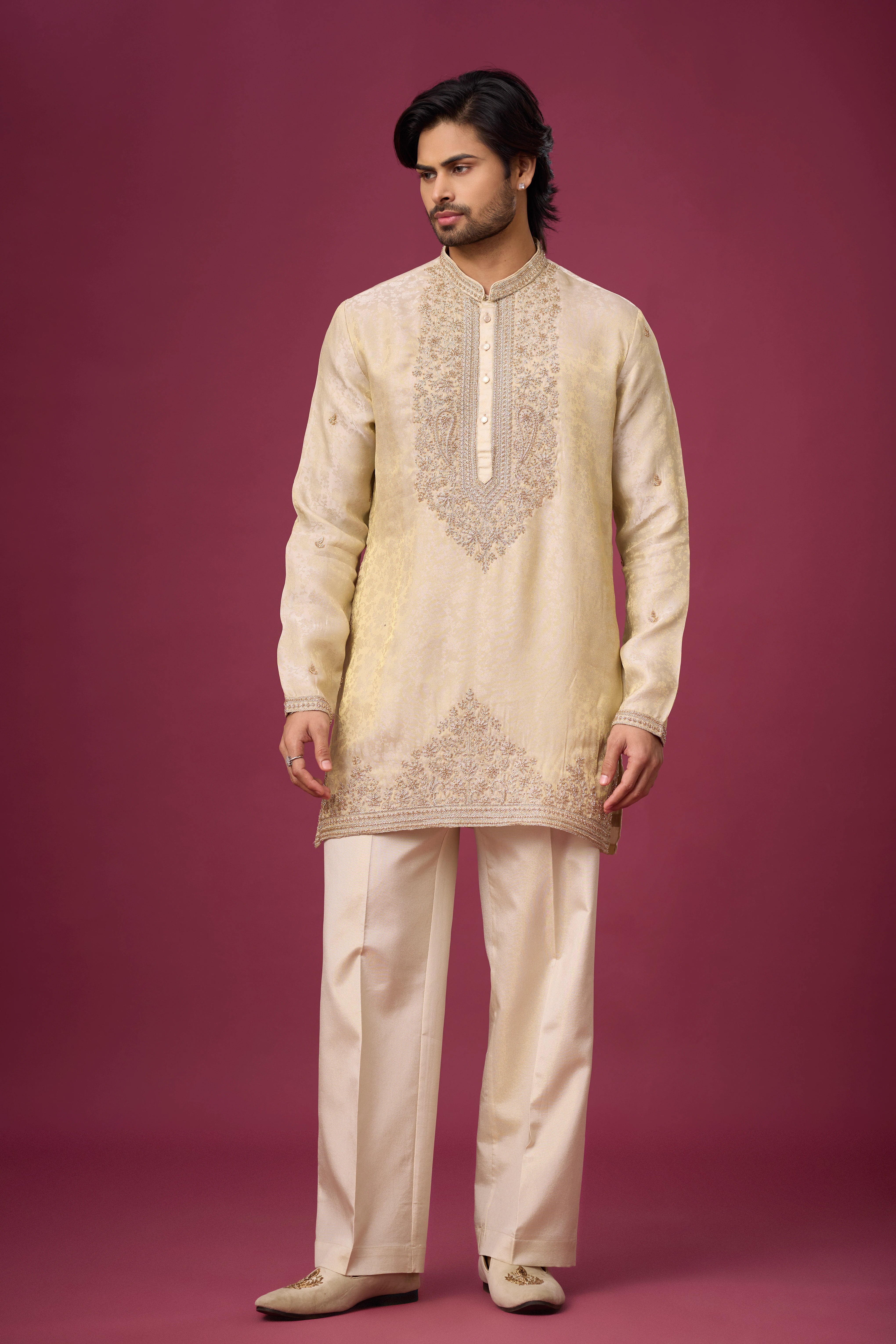 Champagne Gold Heritage Embroidered Kurta Set