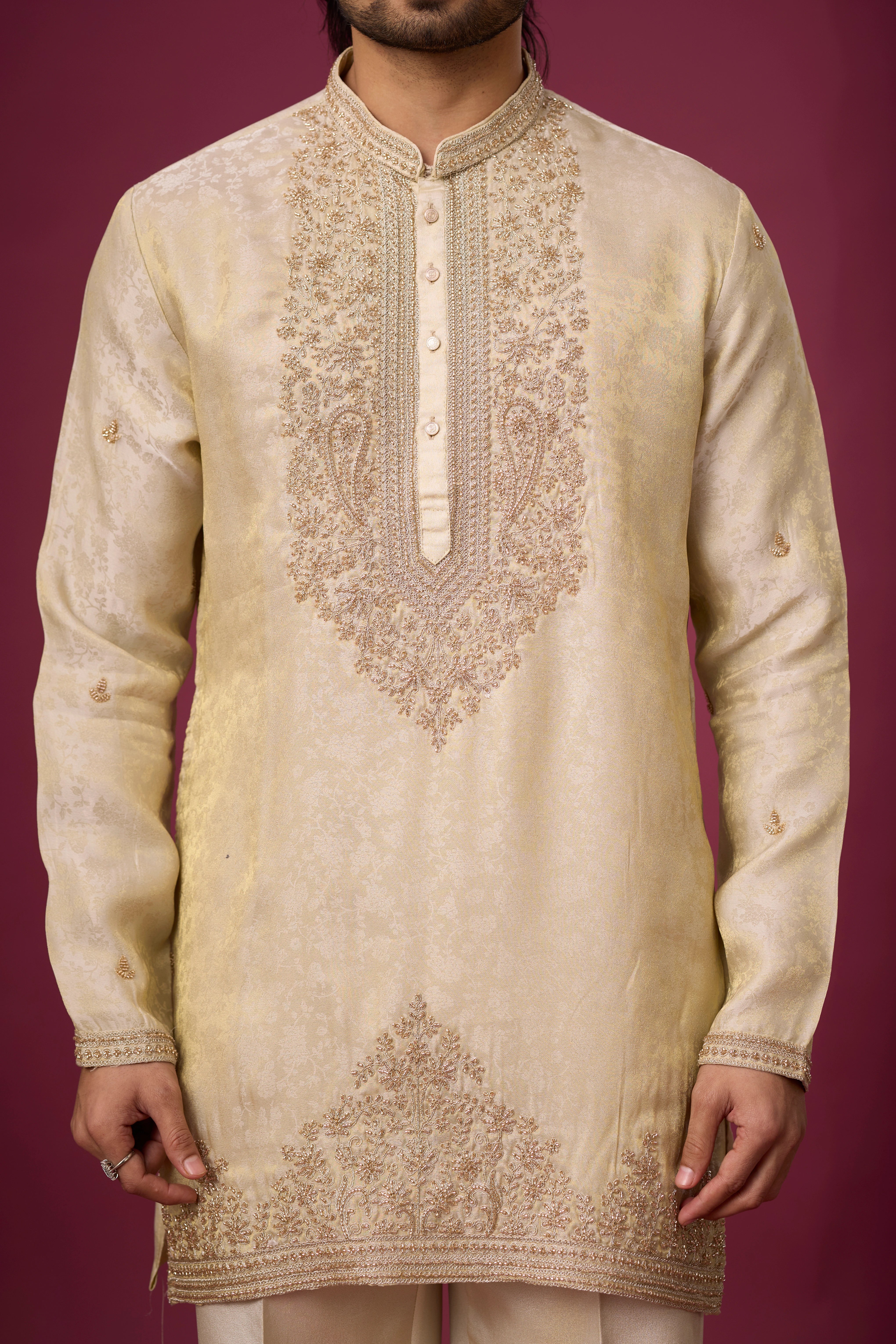 Champagne Gold Heritage Embroidered Kurta Set