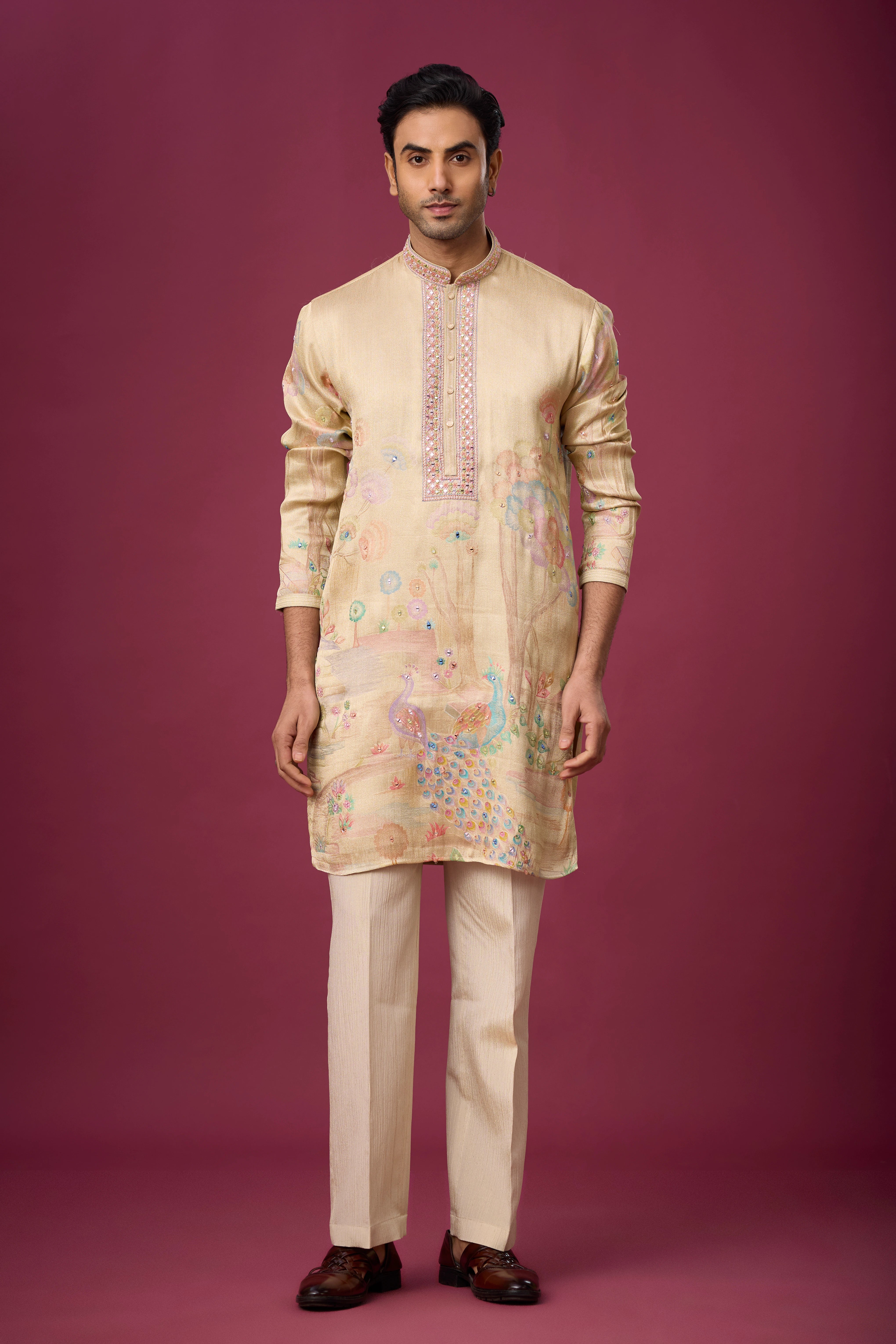 Champagne Beige Peacock Heritage Kurta Set