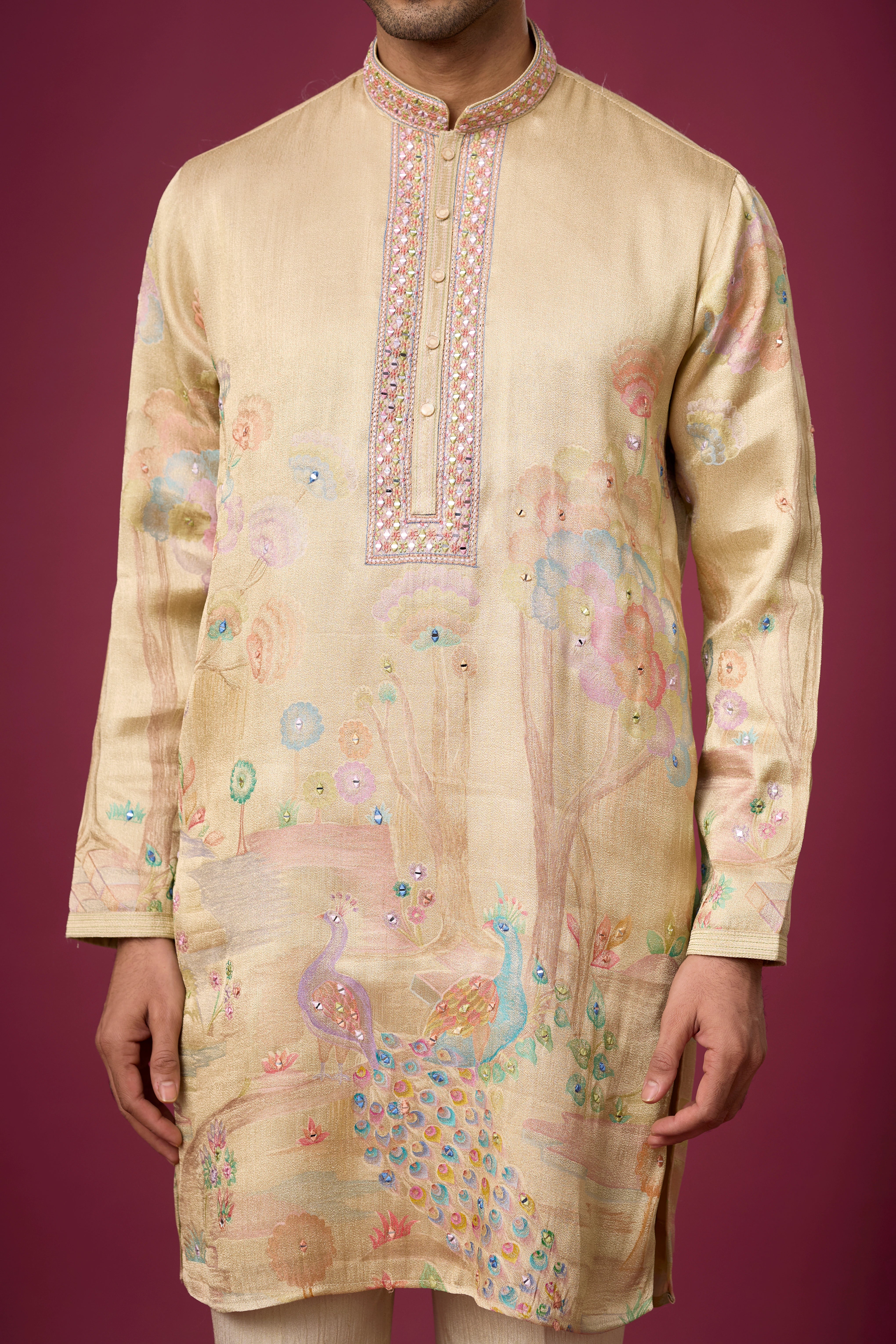 Champagne Beige Peacock Heritage Kurta Set