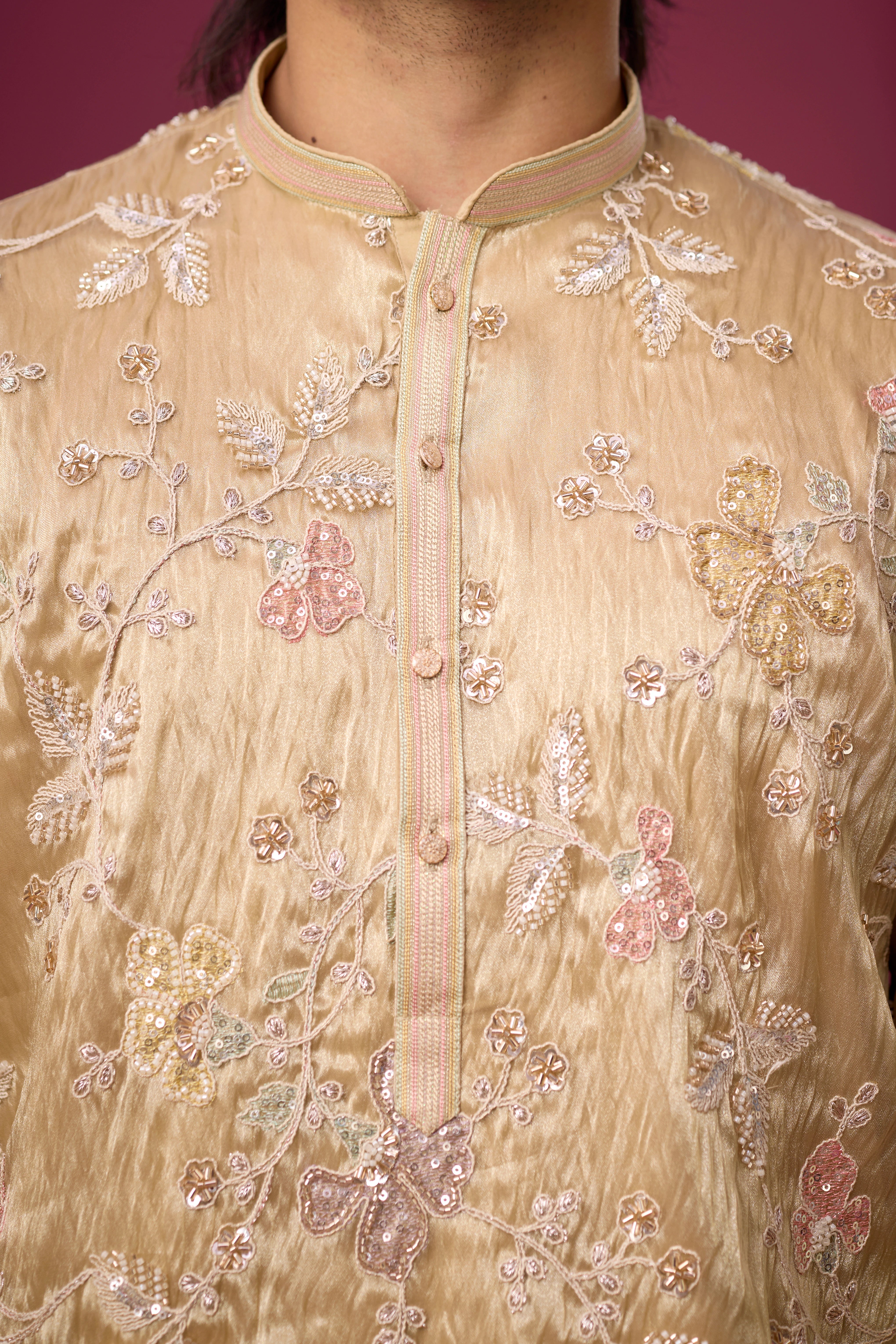 Champagne Beige Floral Elegance Kurta Set