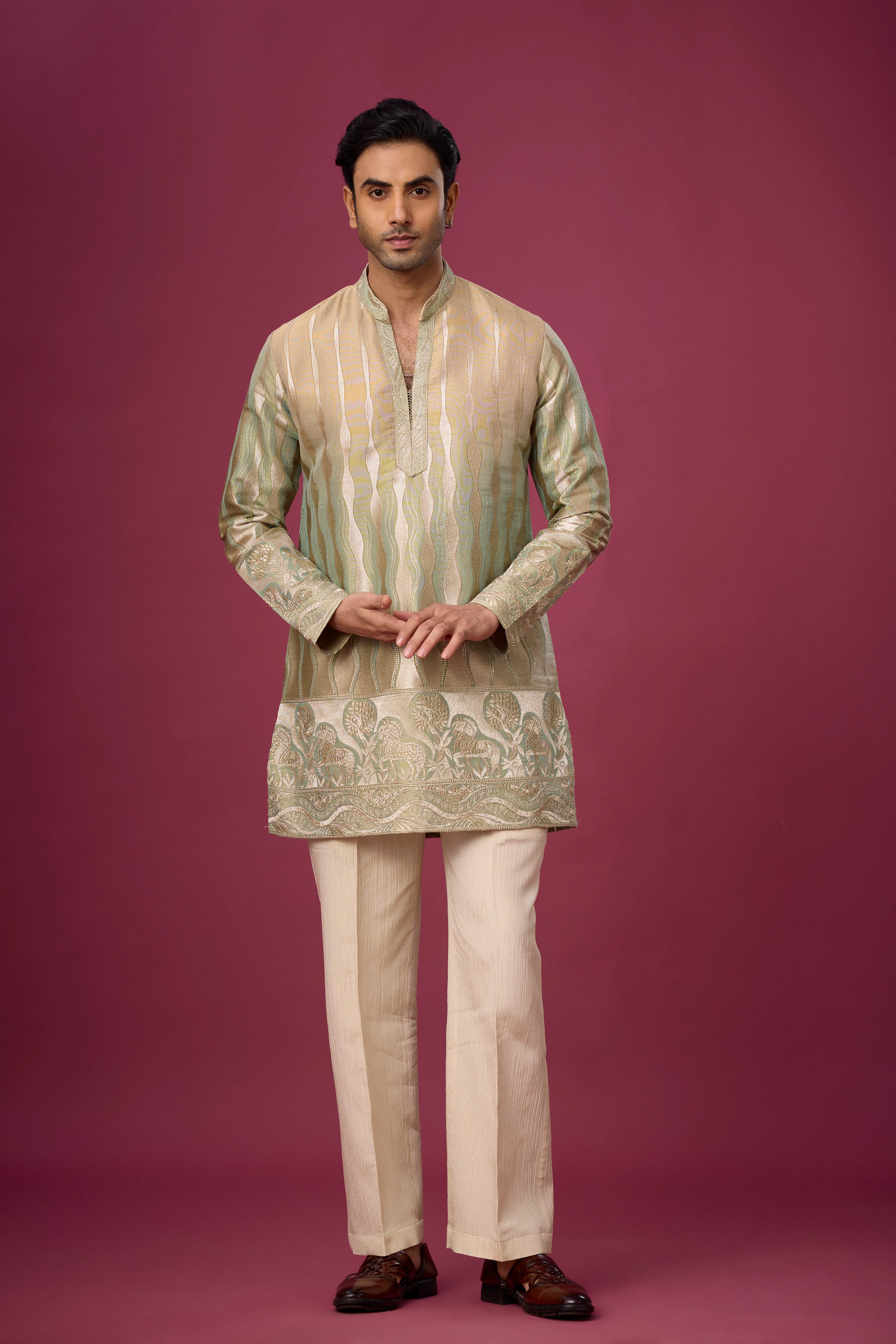 Champagne Gold Woven Heritage Kurta Set