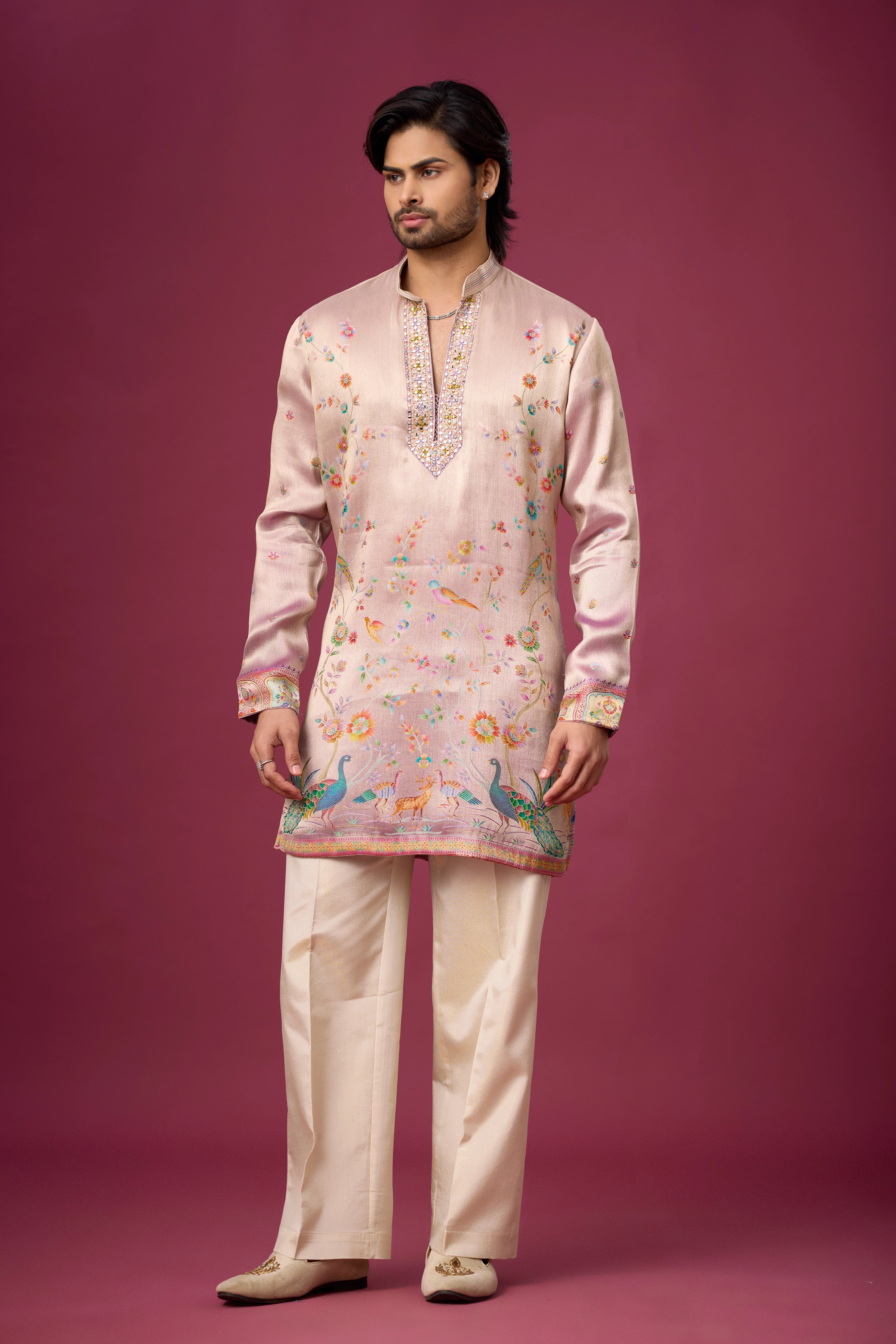Blush Pink Peacock Heritage Kurta Set