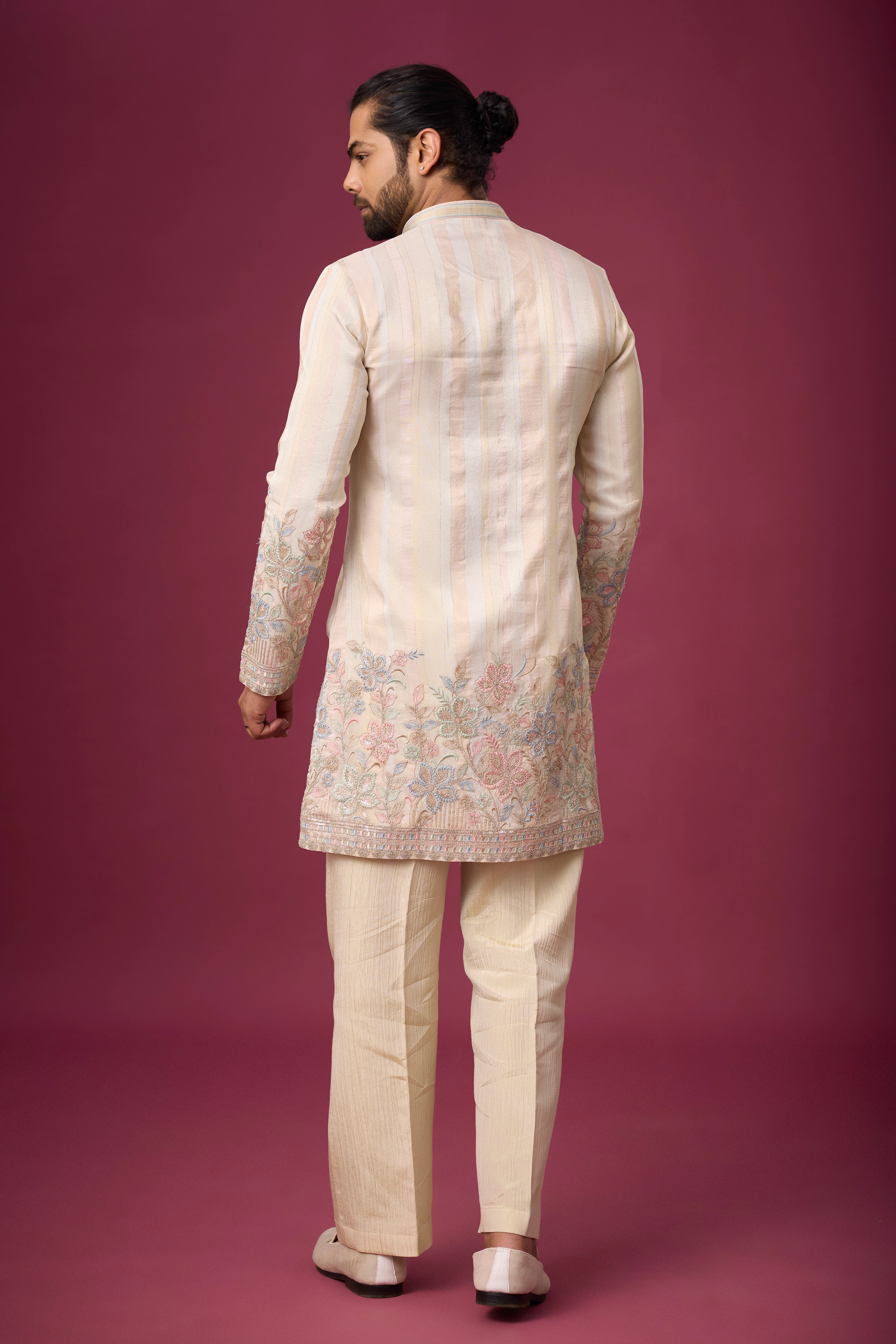 Champagne Beige Floral Border Kurta Set