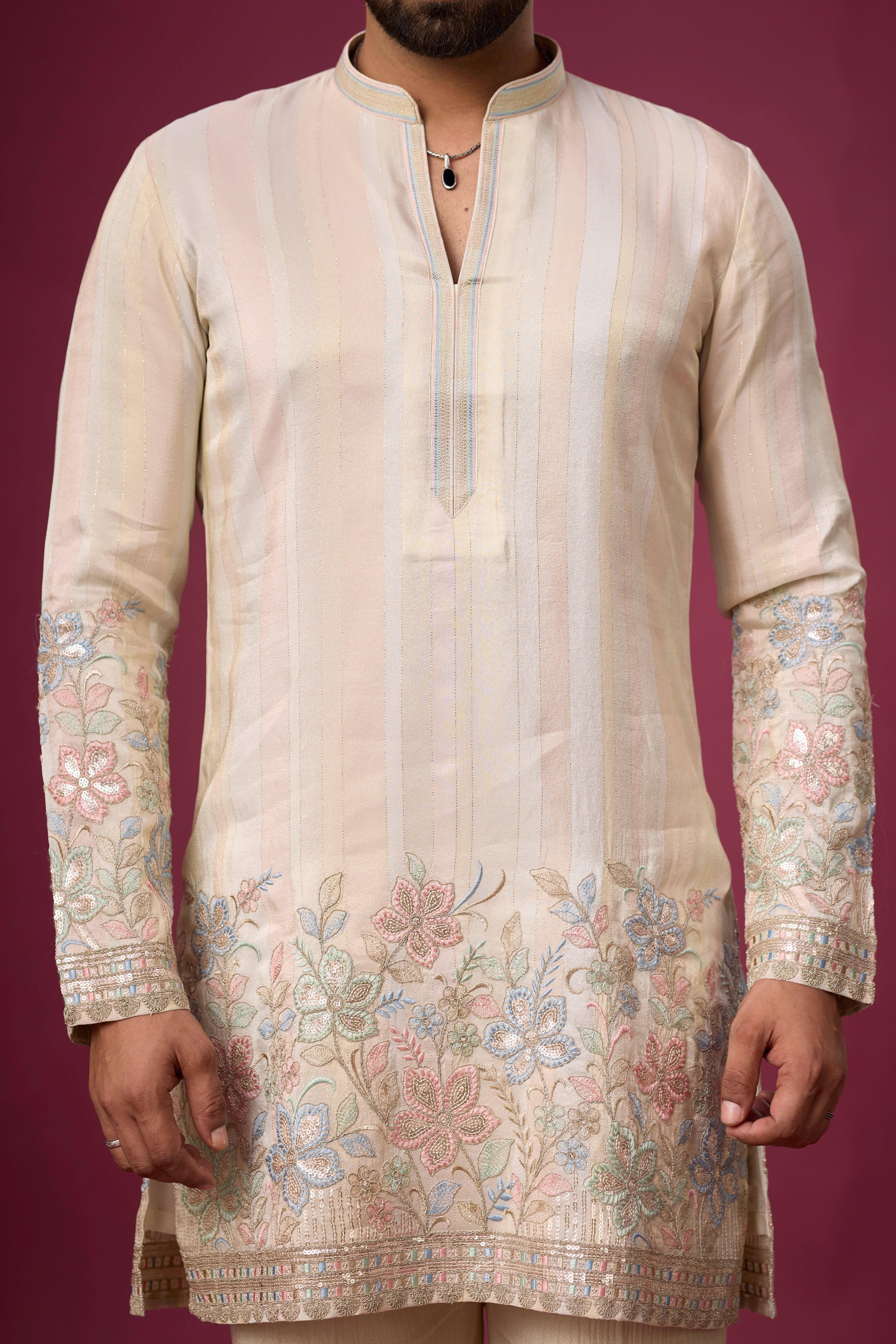 Champagne Beige Floral Border Kurta Set