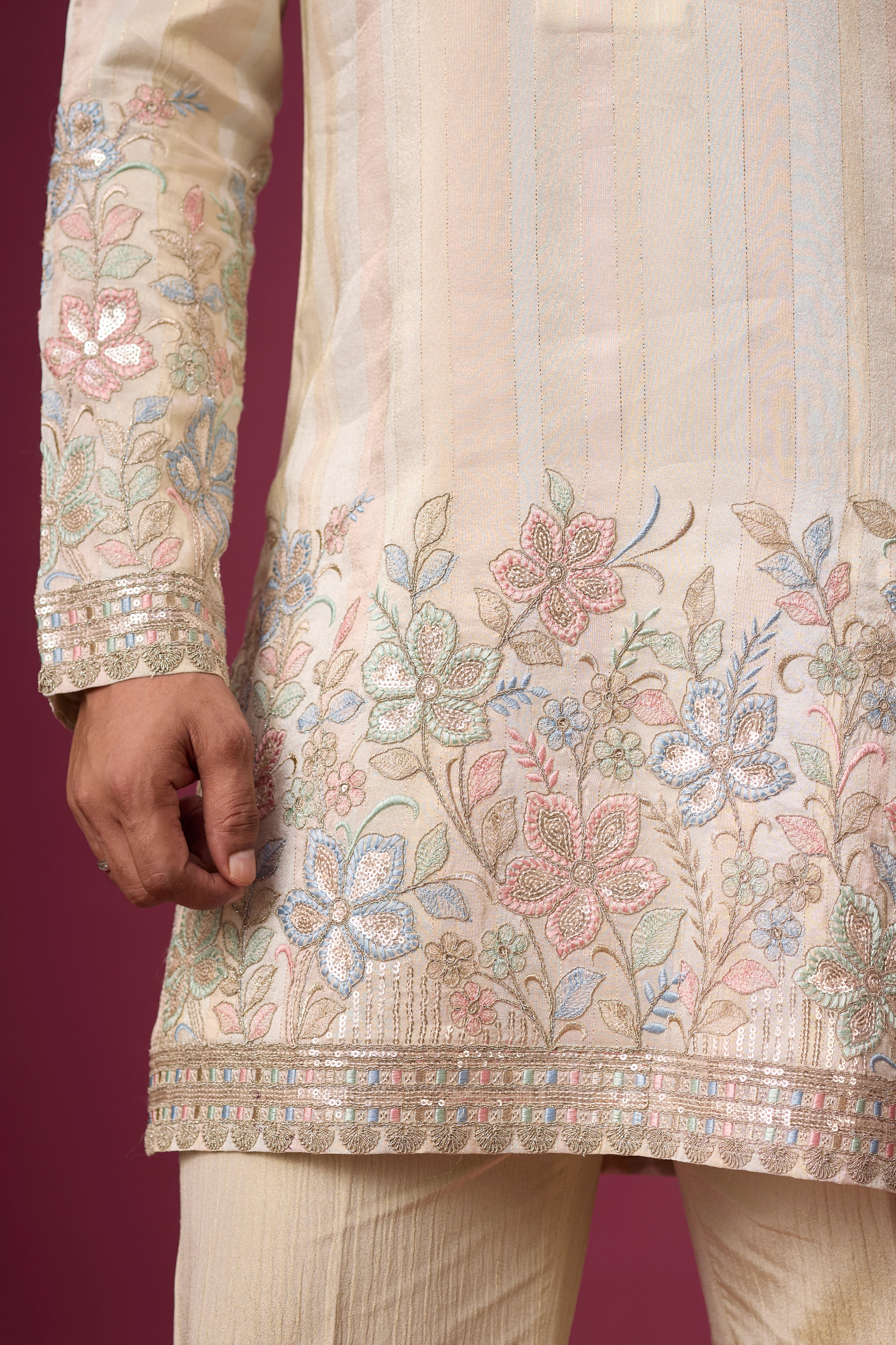 Champagne Beige Floral Border Kurta Set