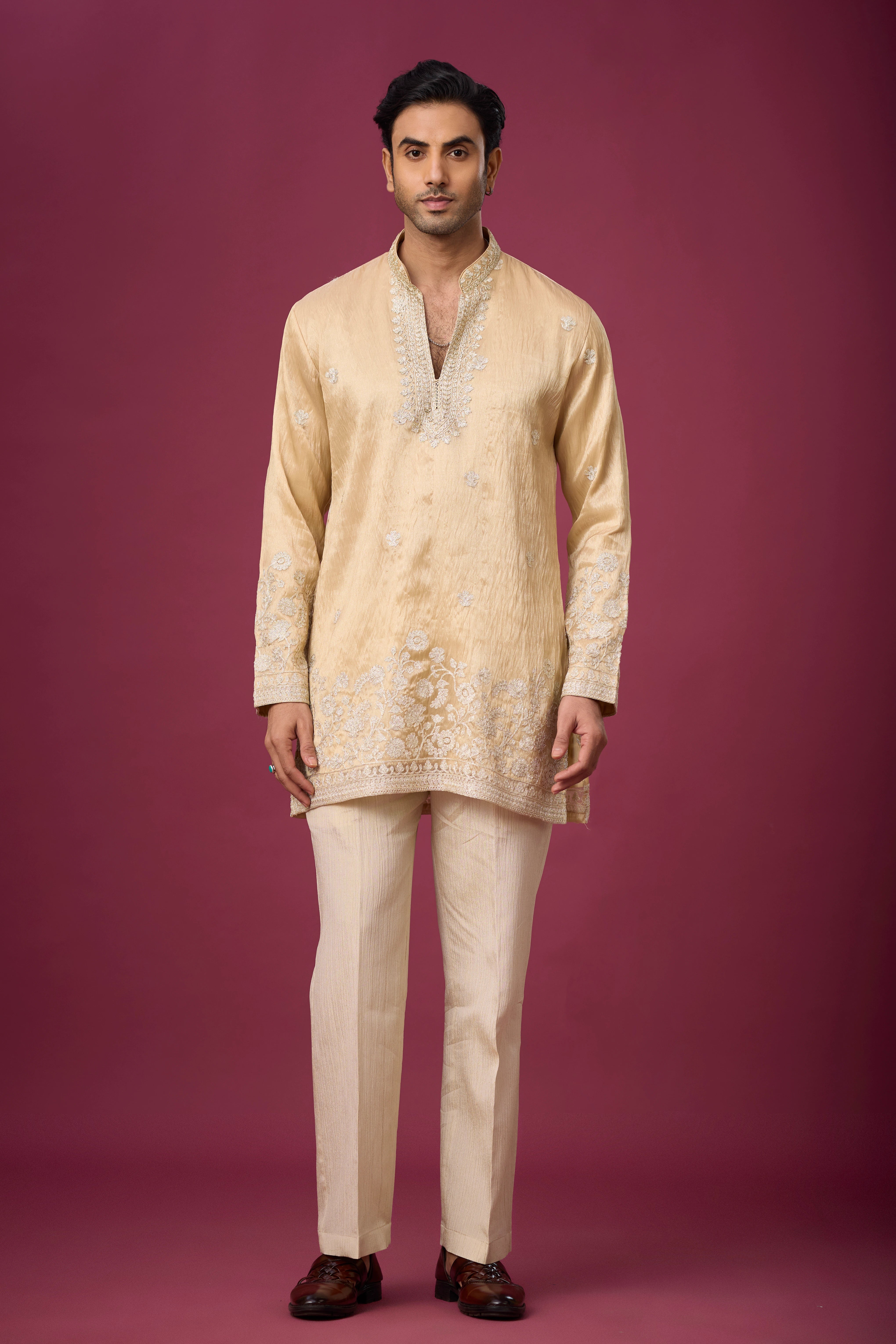 Champagne Gold Floral Border Kurta Set