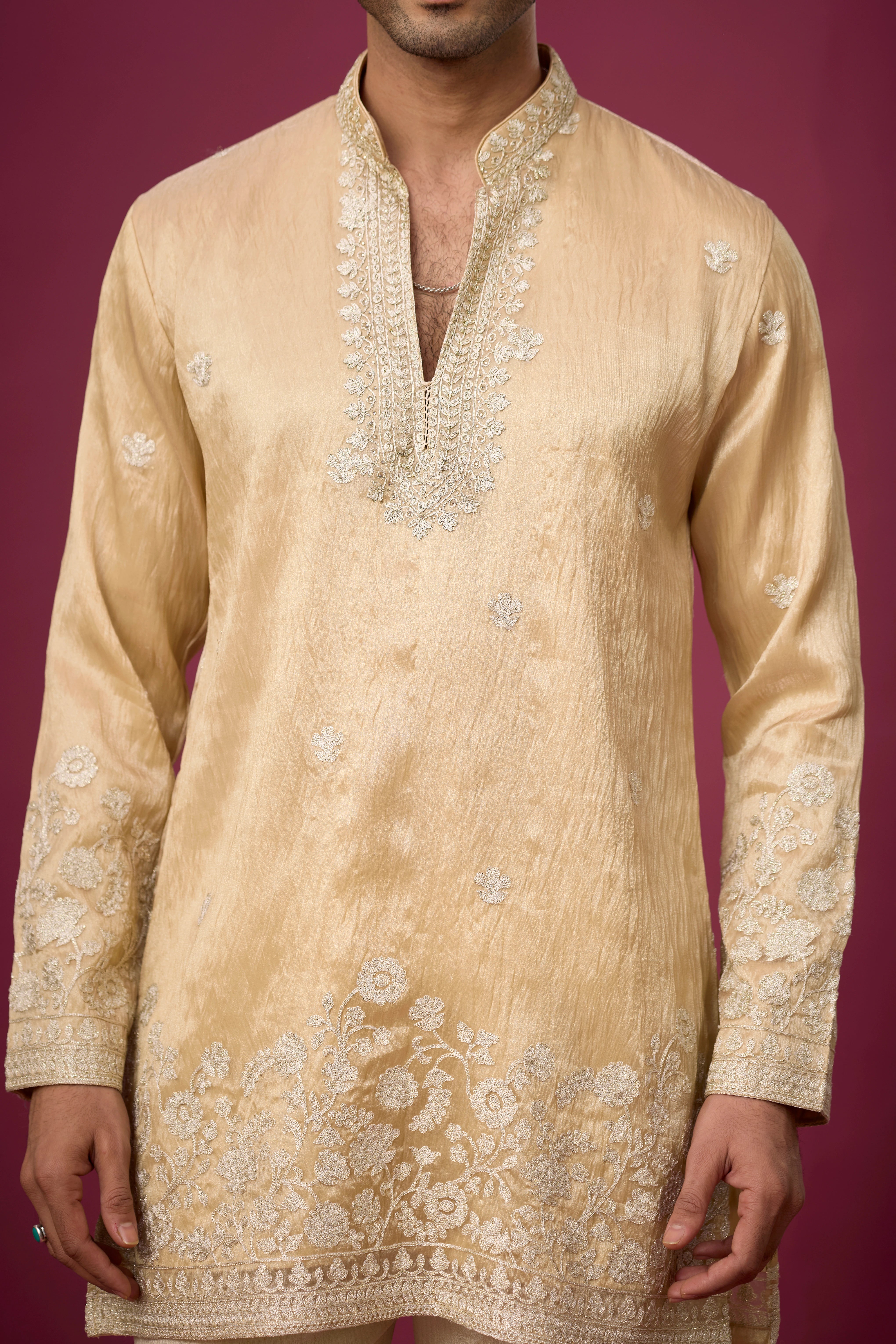 Champagne Gold Floral Border Kurta Set