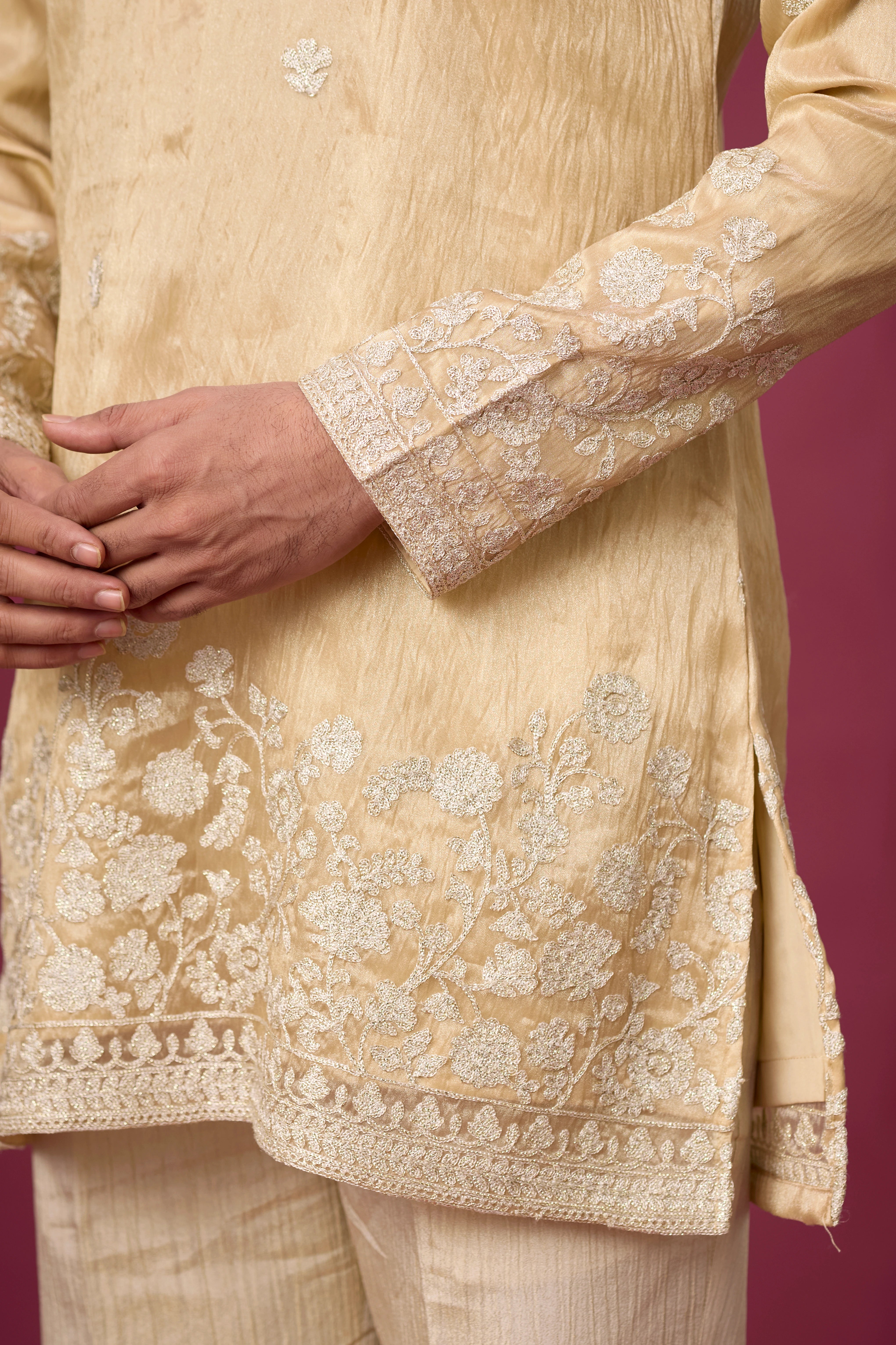 Champagne Gold Floral Border Kurta Set