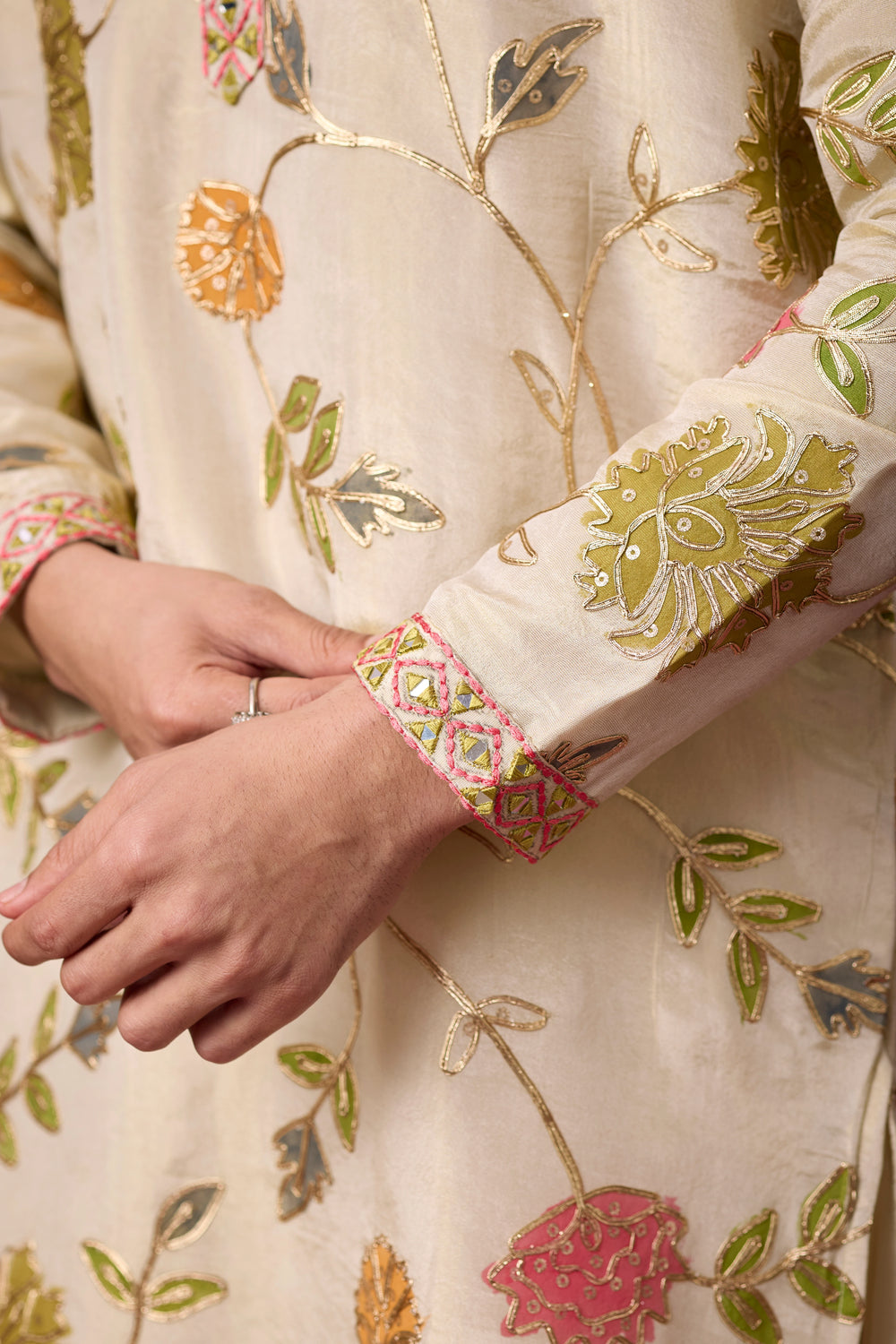 Ivory Botanical Bloom Embroidered Kurta Set for Men – Full Length View | Mahavir NX