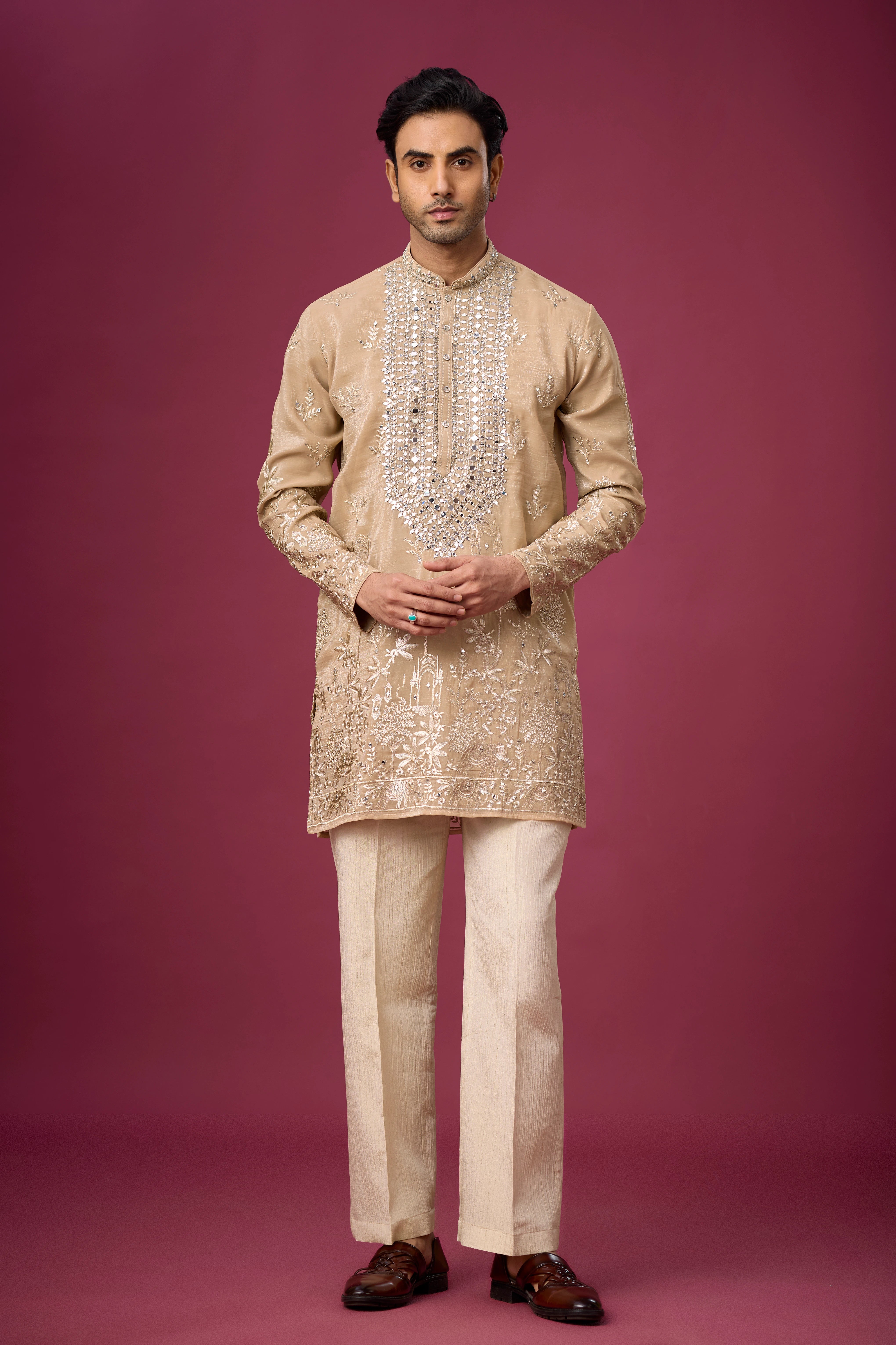 Champagne Beige Mirrorwork Heritage Kurta Set