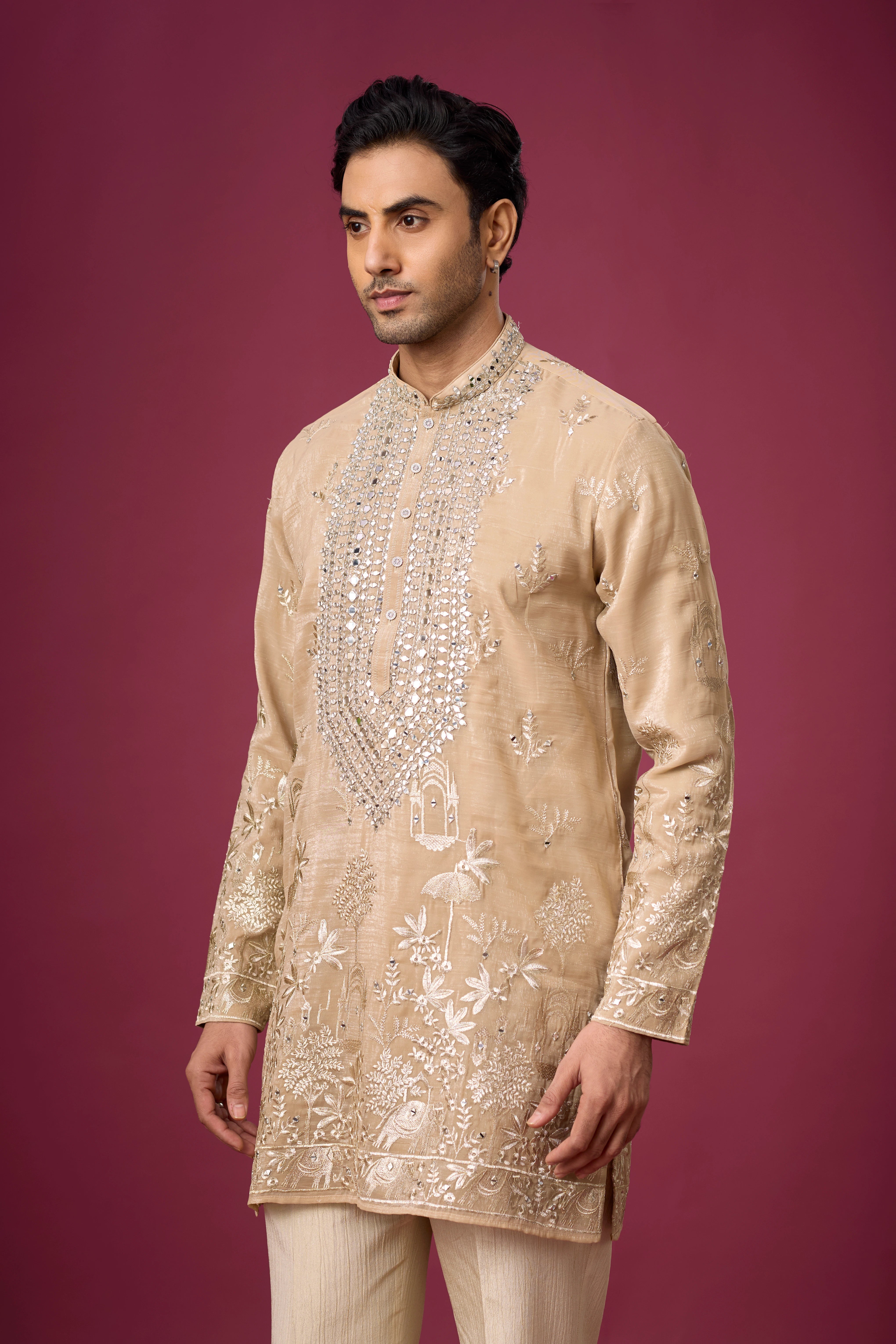 Champagne Beige Mirrorwork Heritage Kurta Set