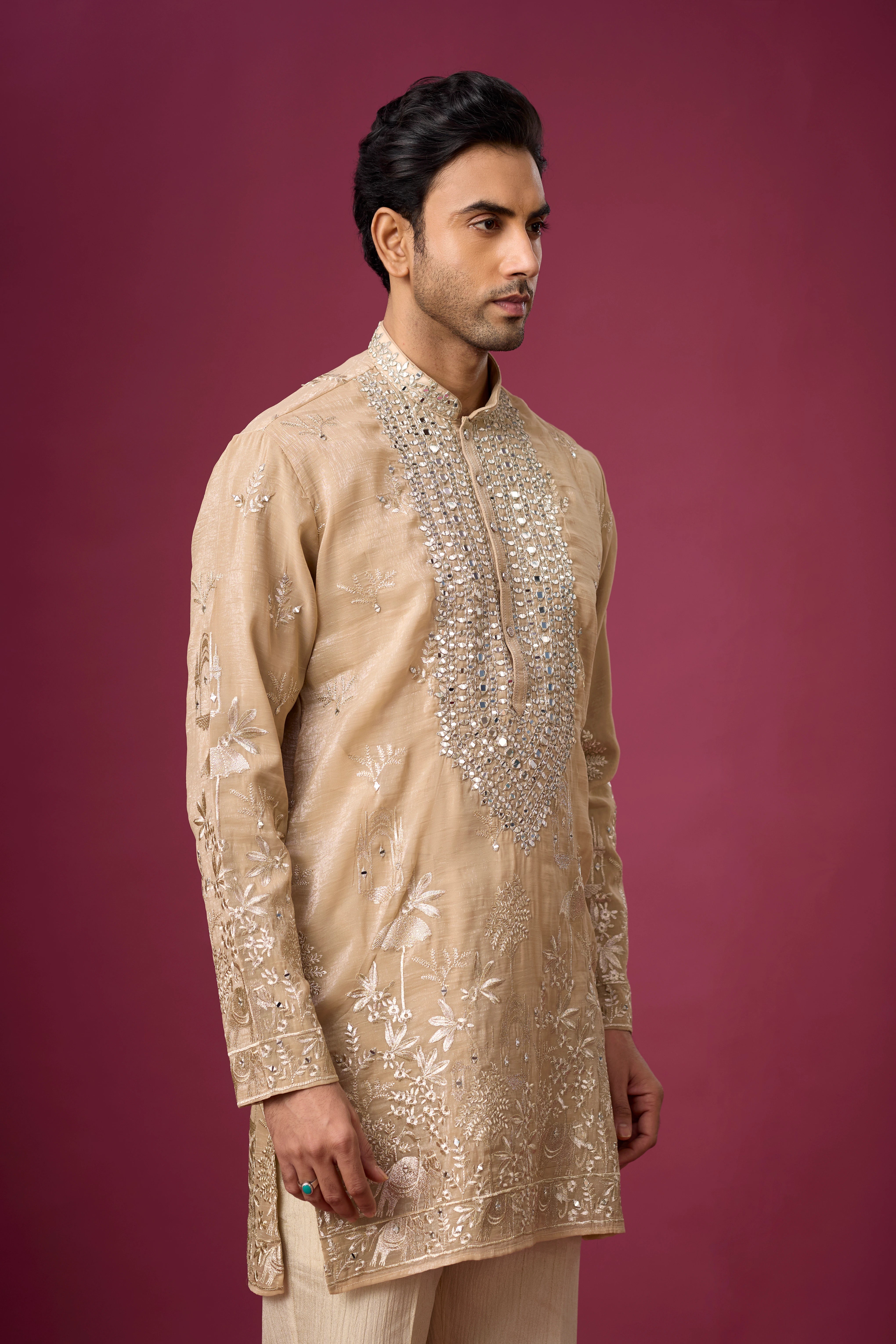 Champagne Beige Mirrorwork Heritage Kurta Set