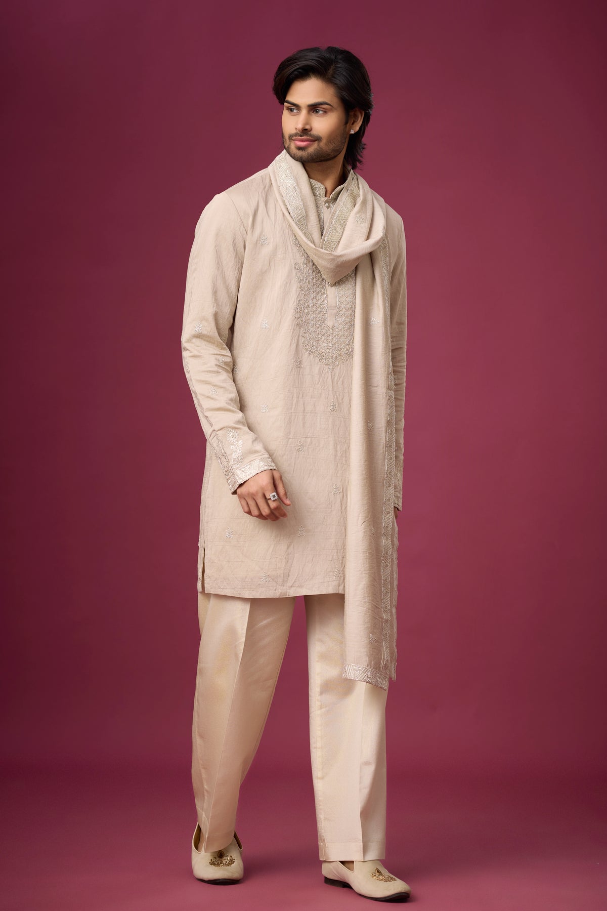 Ivory Sand Embroidered Kurta with Draped Stole for Men | Mahavir NX