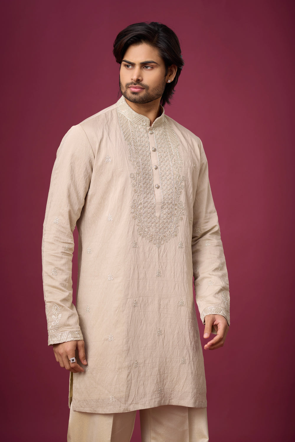 Ivory Sand Kurta Pajama Set with Draped Stole – Front View | Mahavir NX