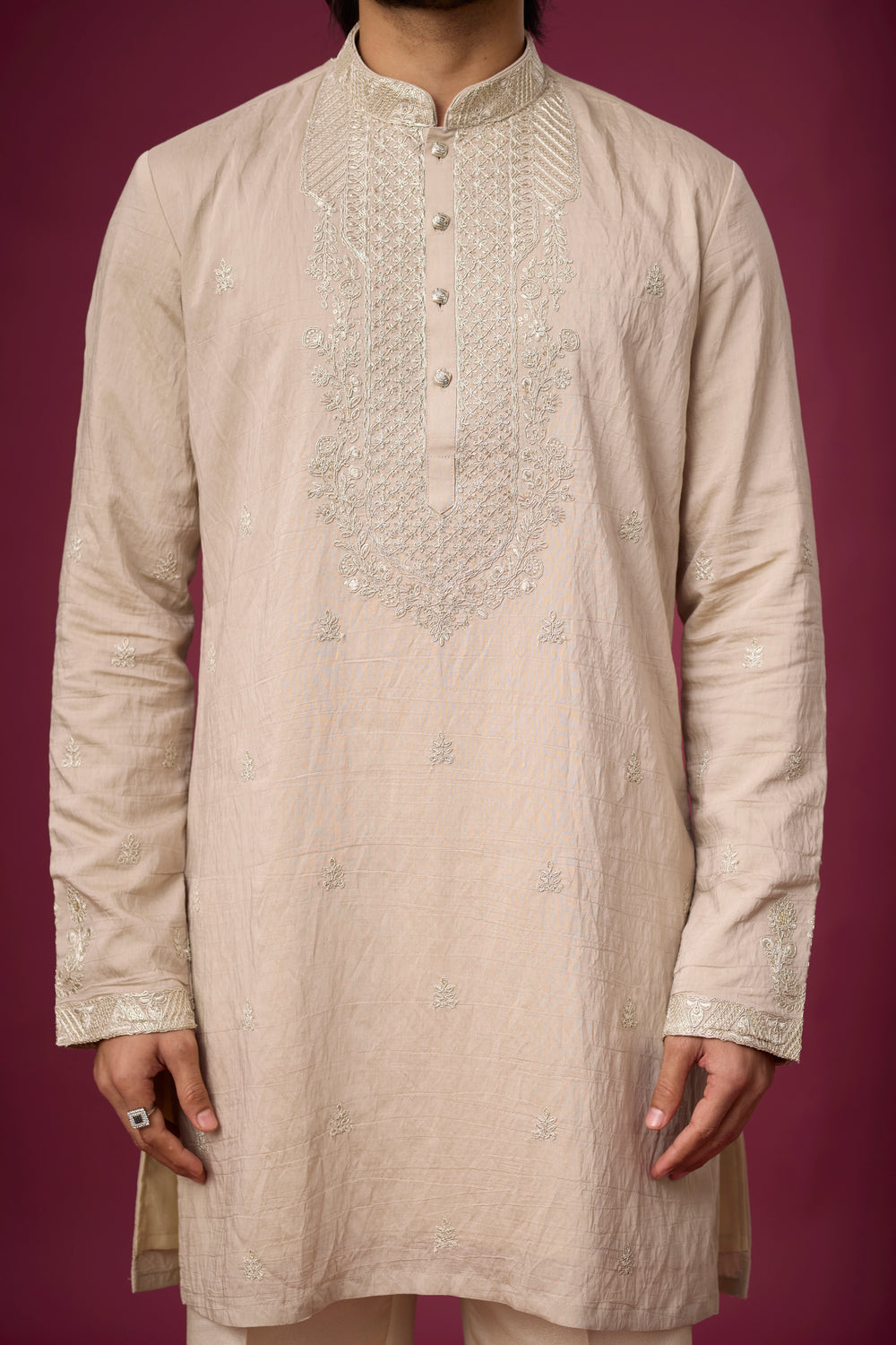 Affordable Tonal Neckline Kurta with Stole – Reception Wear | Mahavir NX