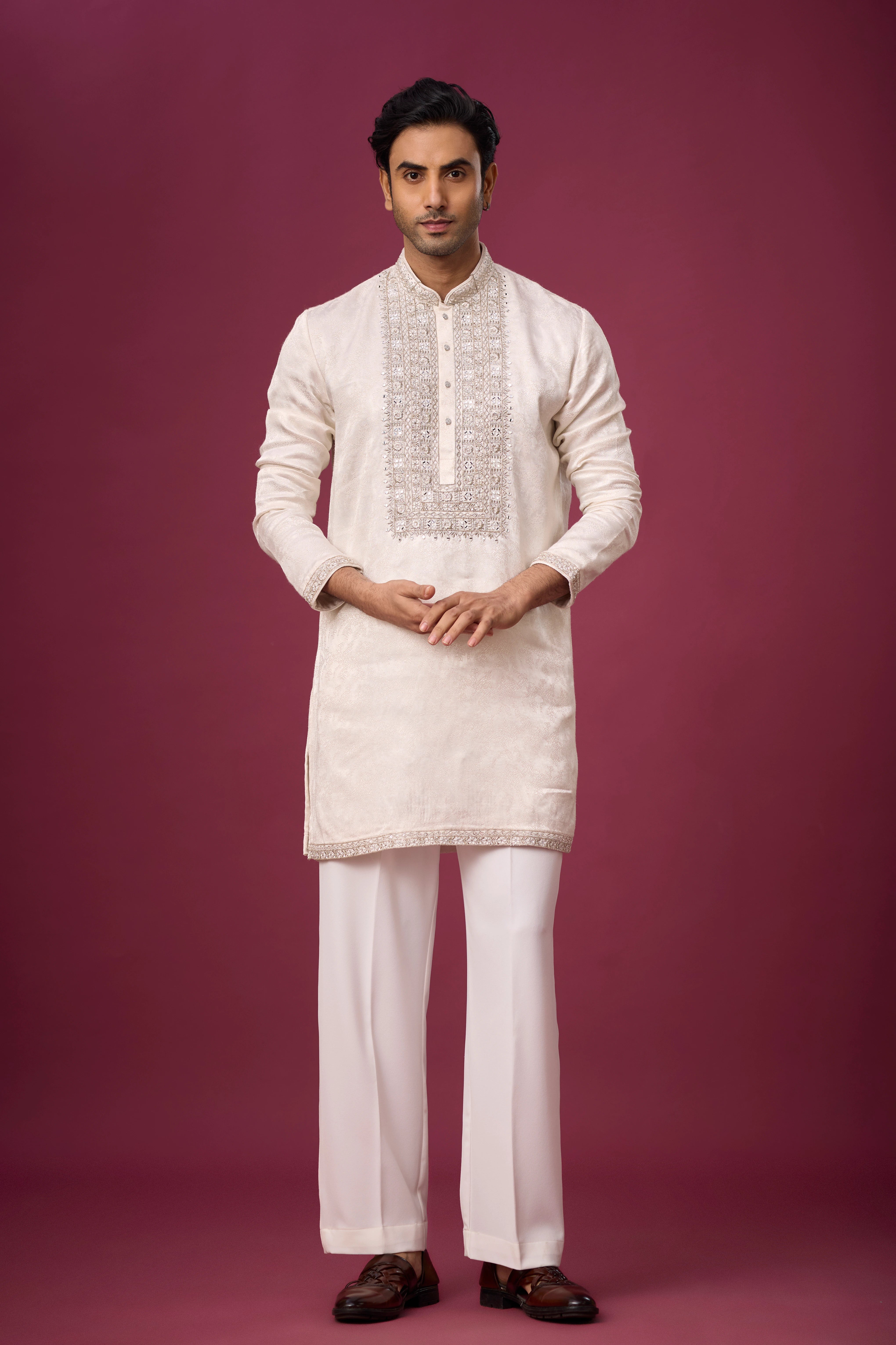 Regal Ivory Pearl Embroidered Kurta Set for Men | Mahavir NX