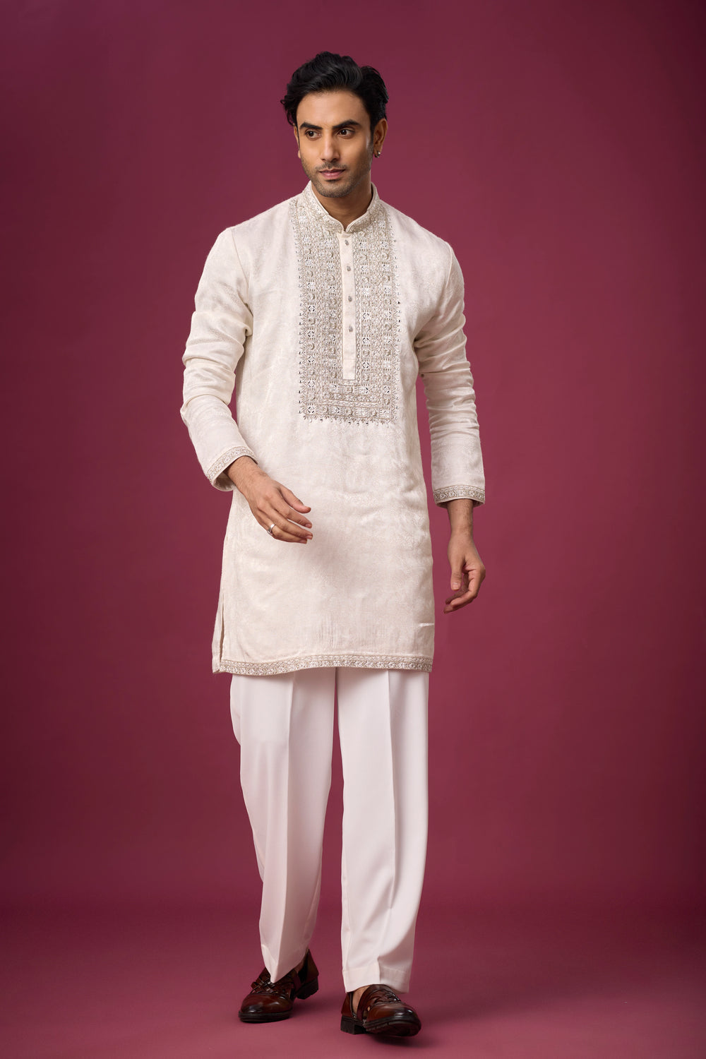 Luxury Kurta Set for Men Online – Ivory Pearl Embroidered Ethnic Wear | Mahavir NX