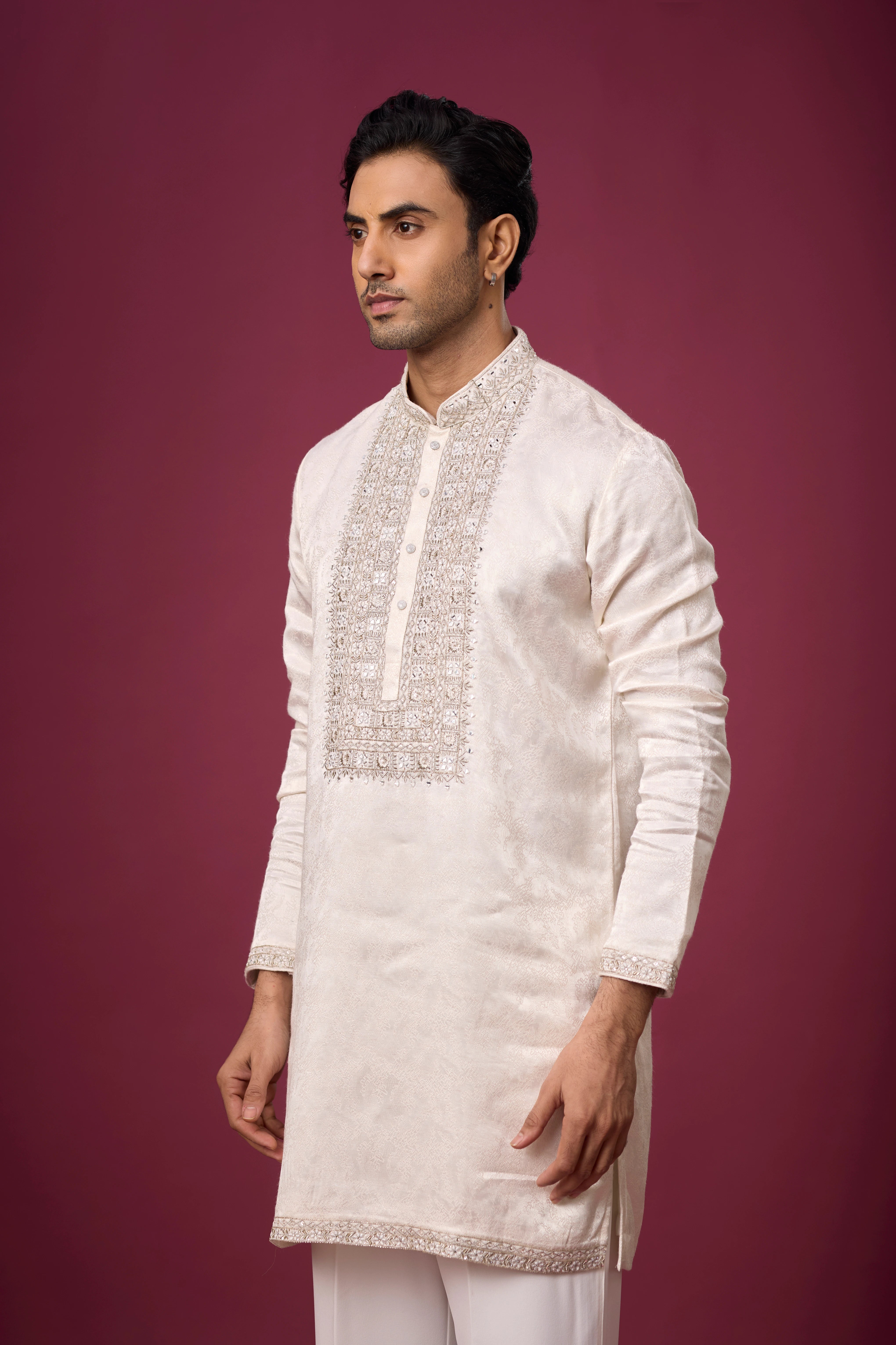 Mandarin Collar Monochromatic Ivory Kurta – Wedding Wear | Mahavir NX