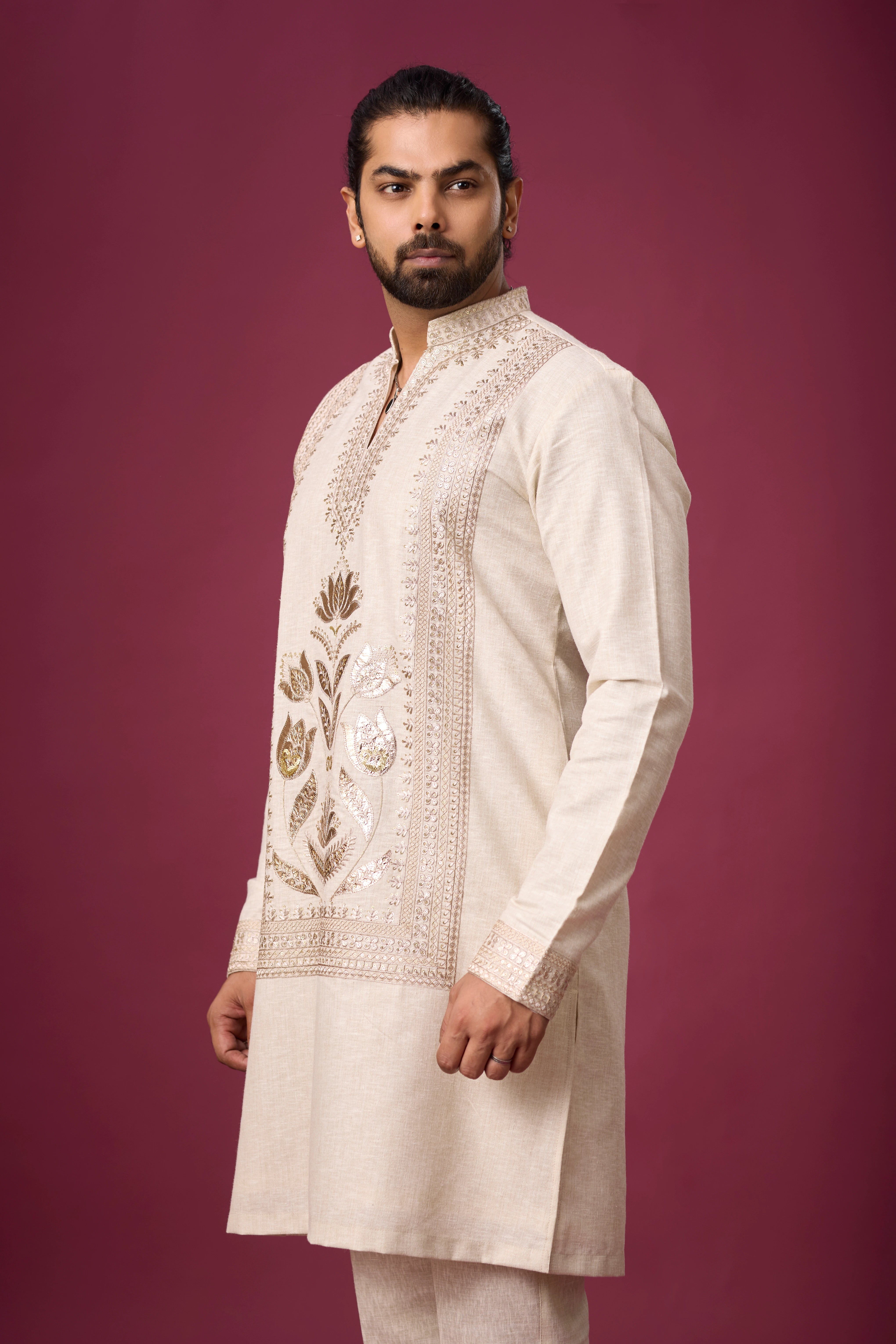 Vertical Floral Panel Ivory Kurta Set – Wedding & Festive Ethnic Wear | Mahavir NX