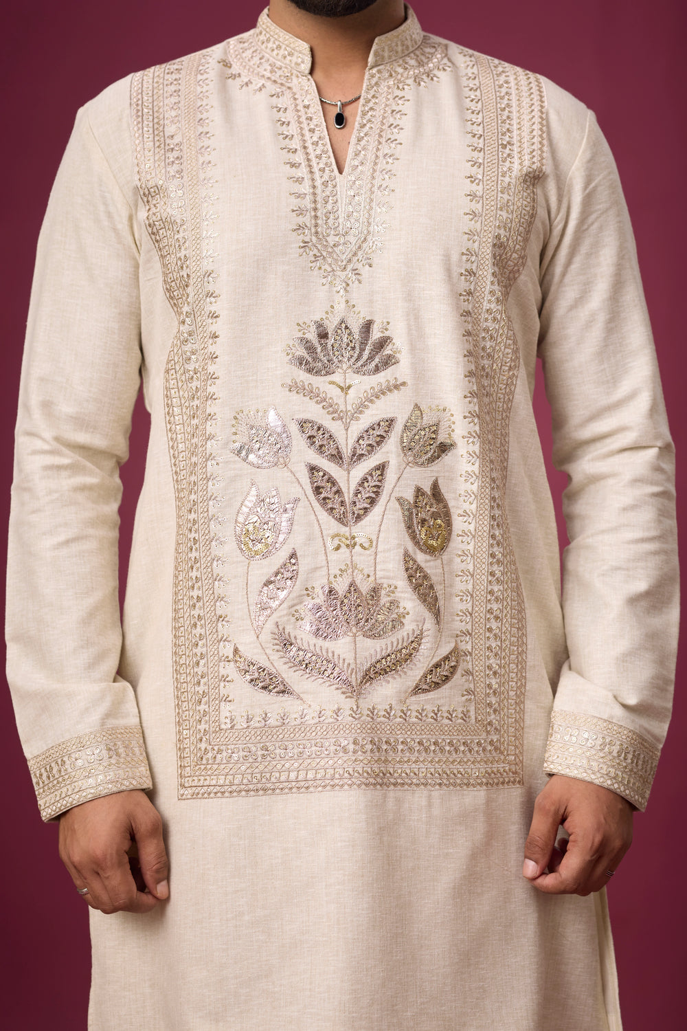 Designer Central Motif Ivory Ethnic Kurta – Side View | Mahavir NX