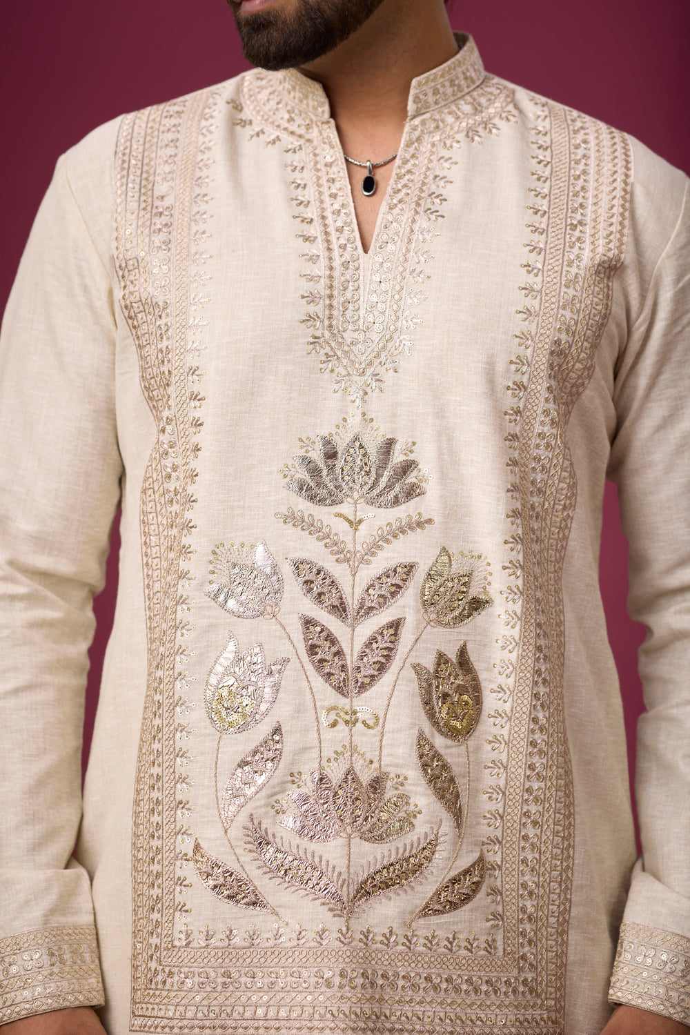 Ivory Heritage Floral Embroidered Kurta Set for Men – Full Length View | Mahavir NX