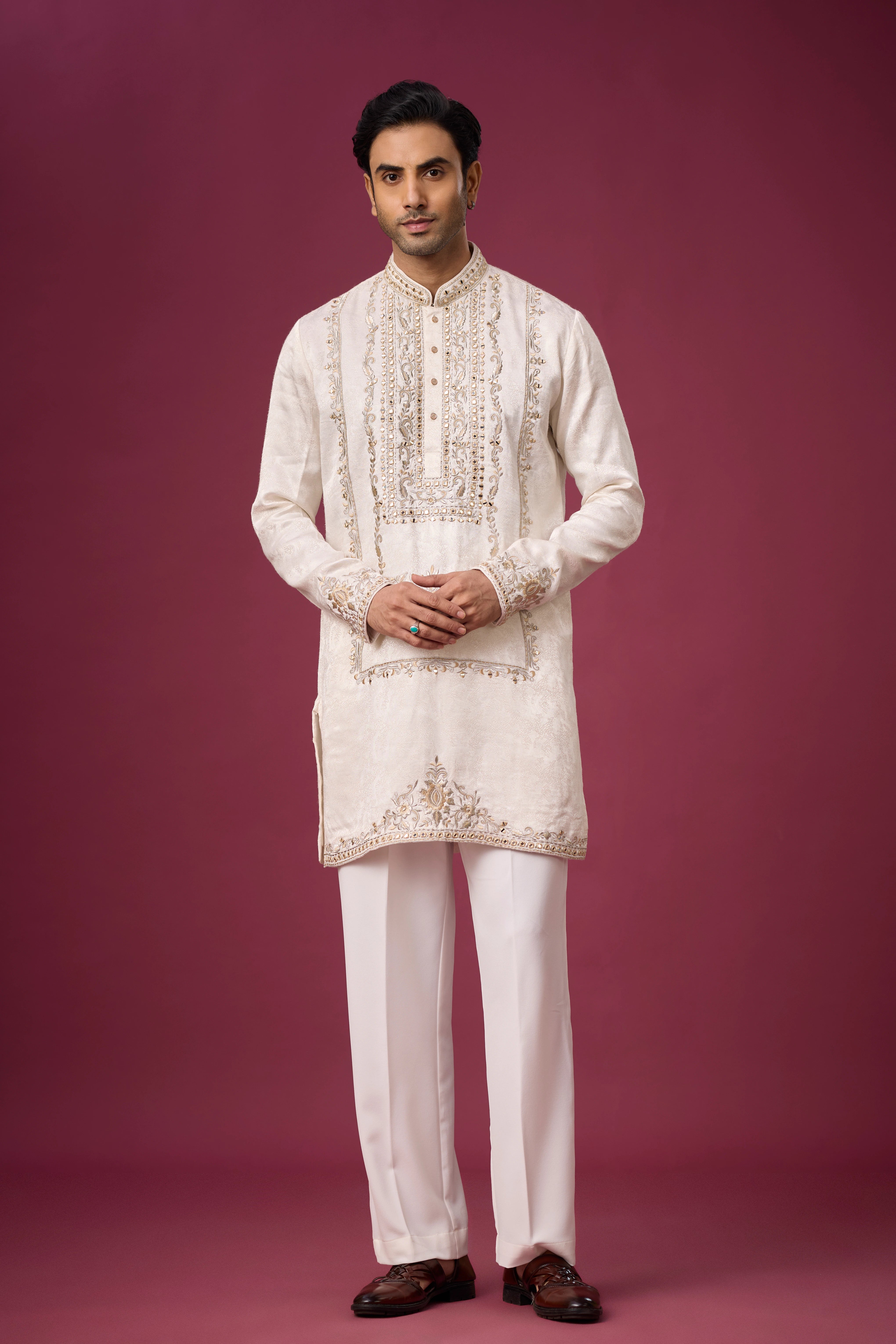 Groom Kurta Set for Men – Ivory Regal Panel Embroidered Ethnic Wear | Mahavir NX