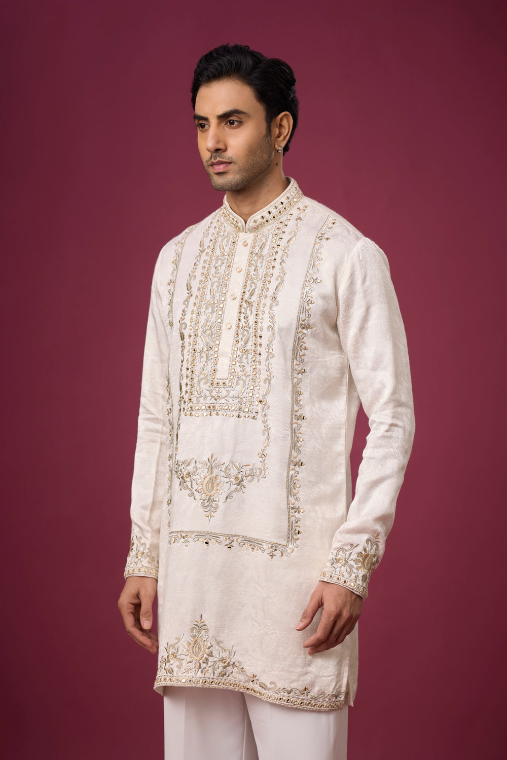 Ornate Vertical Panel Monochromatic Ivory Kurta – Wedding Wear | Mahavir NX