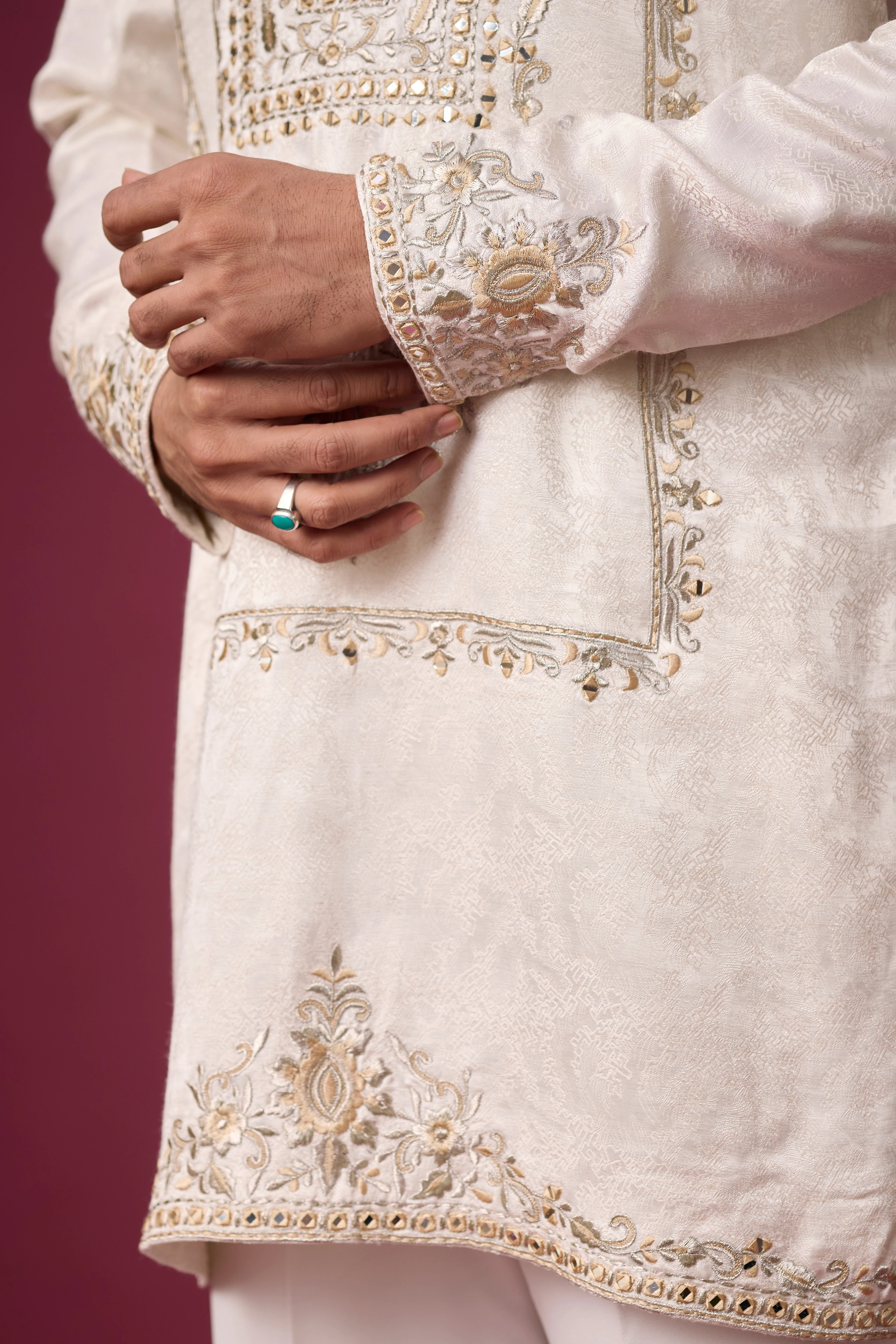 Ivory Regal Panel Embroidered Kurta Set for Men – Full Length View | Mahavir NX
