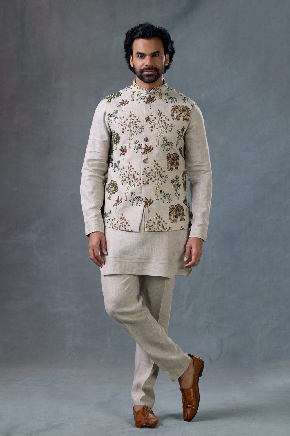 men embroidered nehru jacket set