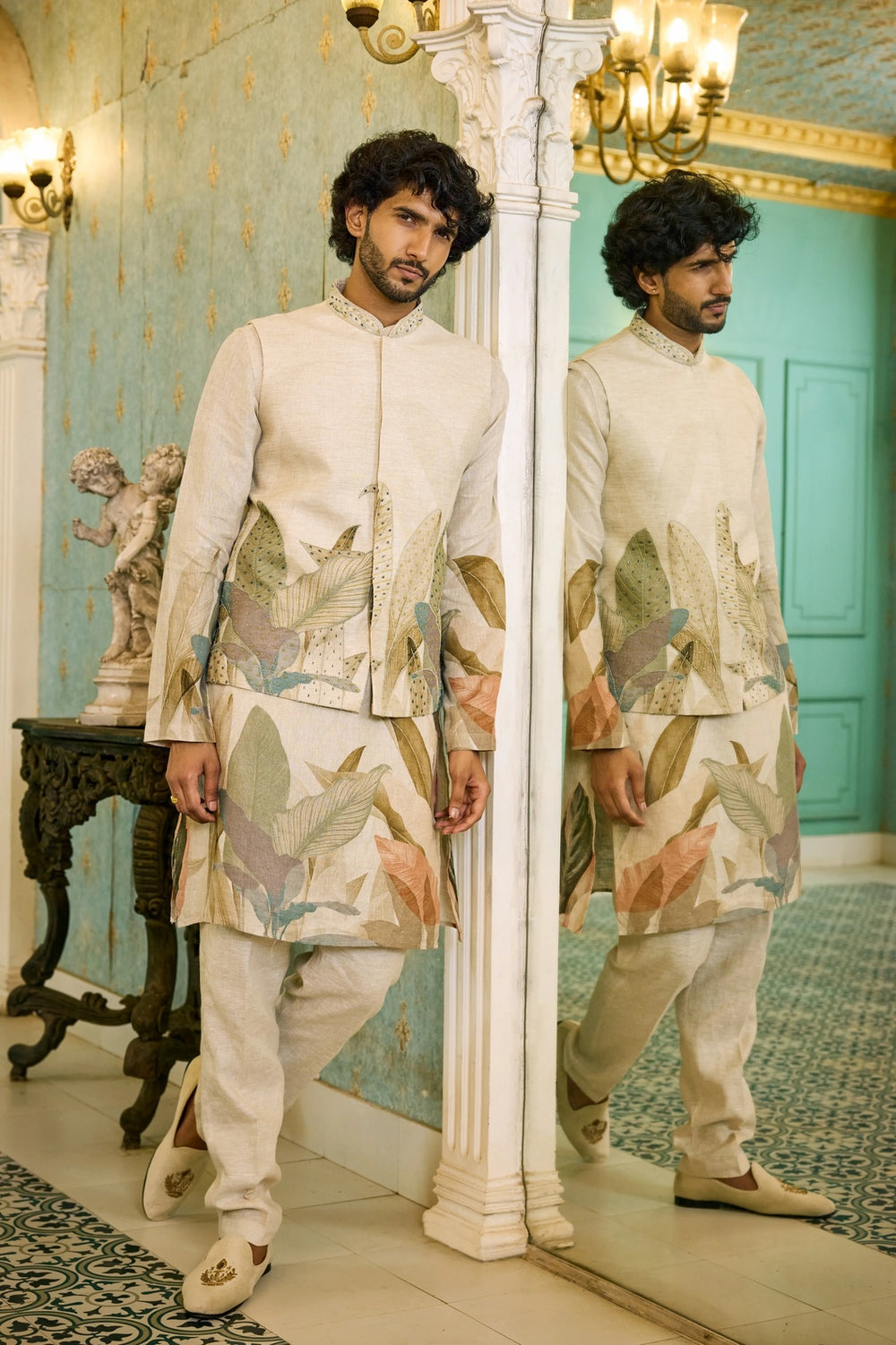 Linen Print Kurta Set Men