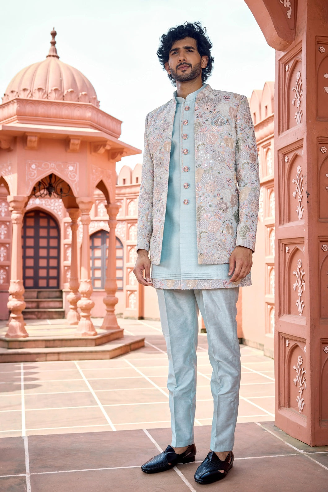 Indo-western for men - Pista Green Indo-Western with Embroidered Jacket