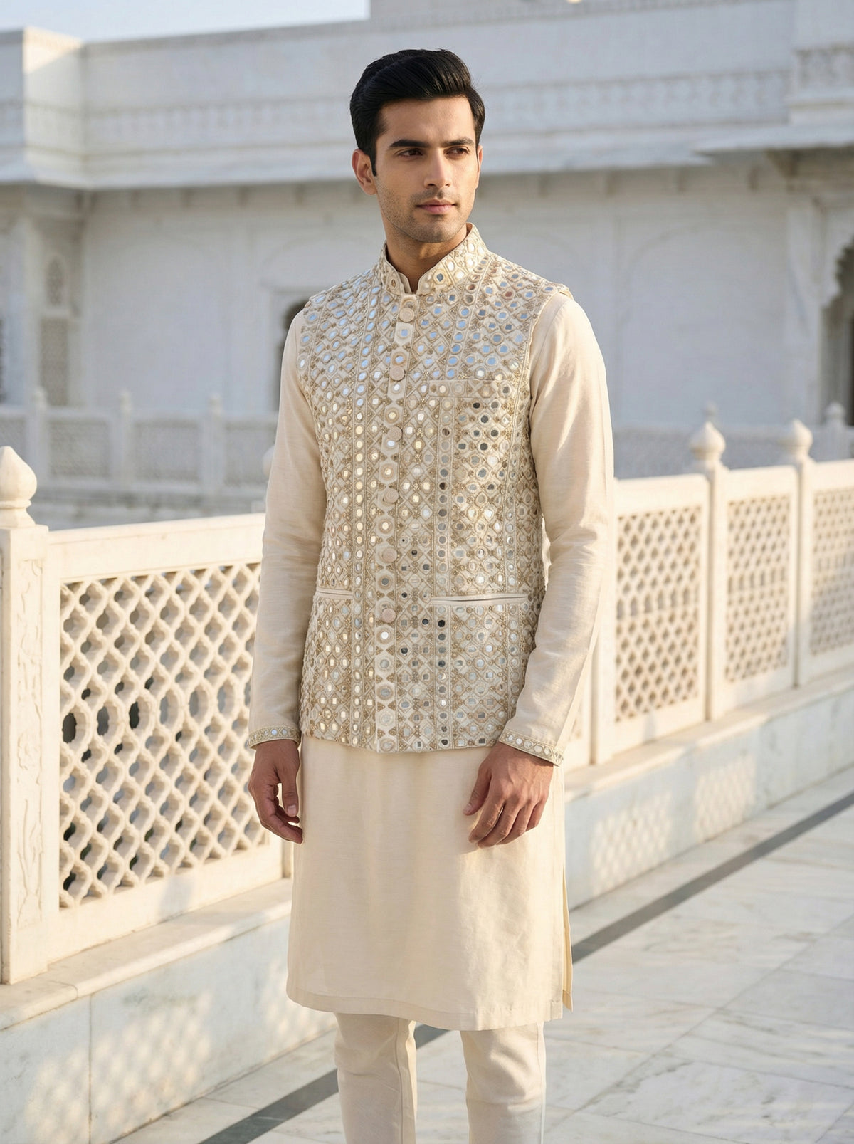 Buy mirror work Nehru koti
