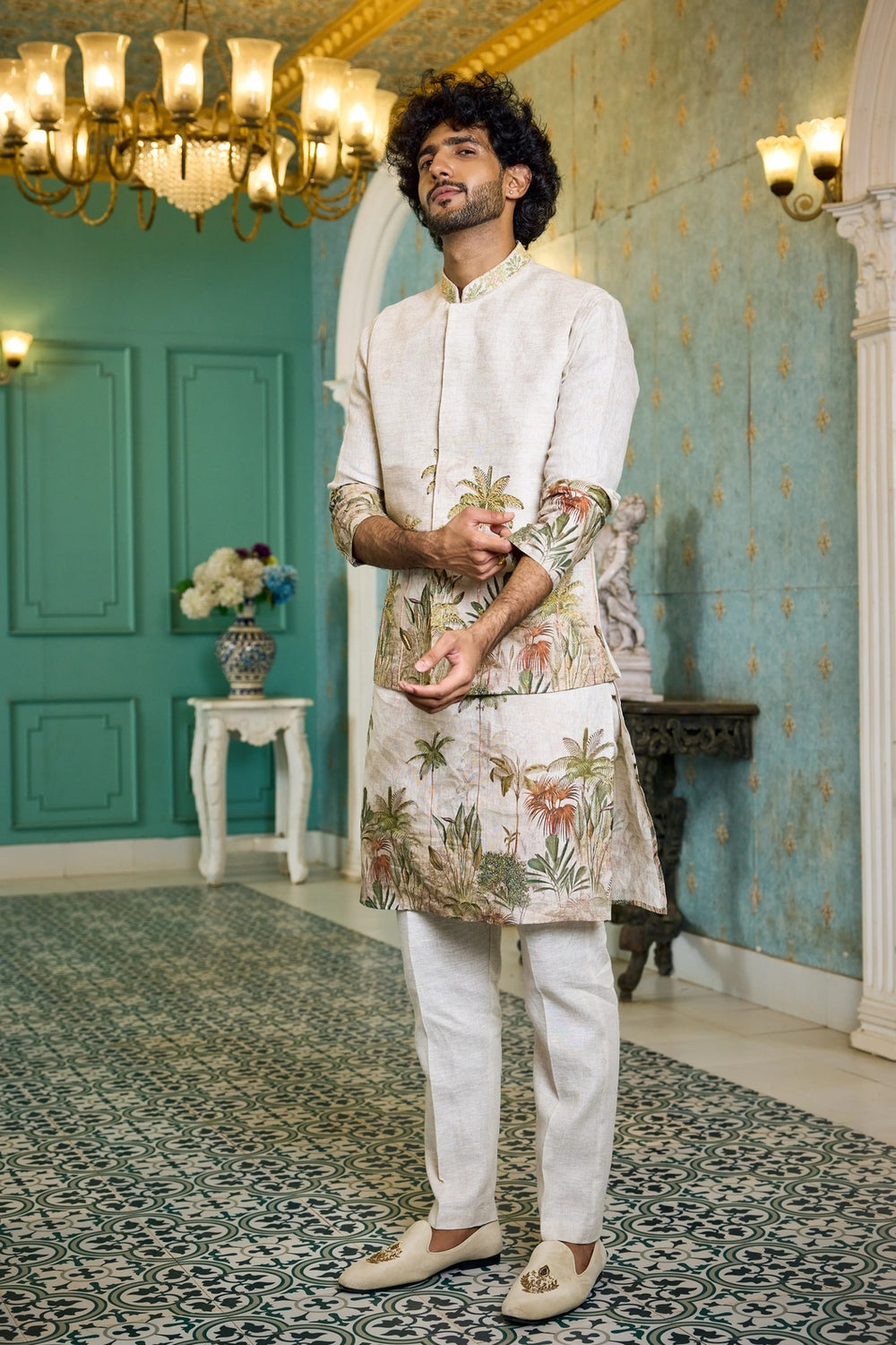 Printed jacket kurta set men
