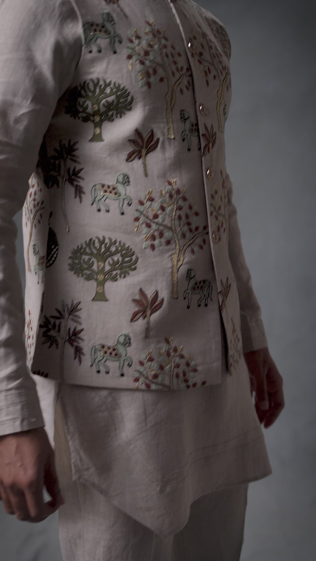 Beige Linen Kurta Set with Embroidered Nehru Jacket
