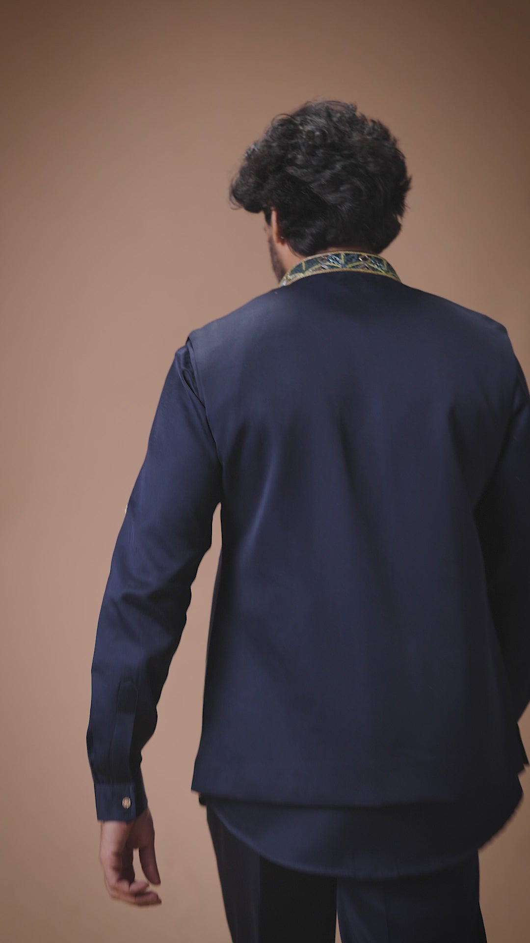 Navy Blue Floral Embroidered Nehru Jacket Kurta Set for Men
