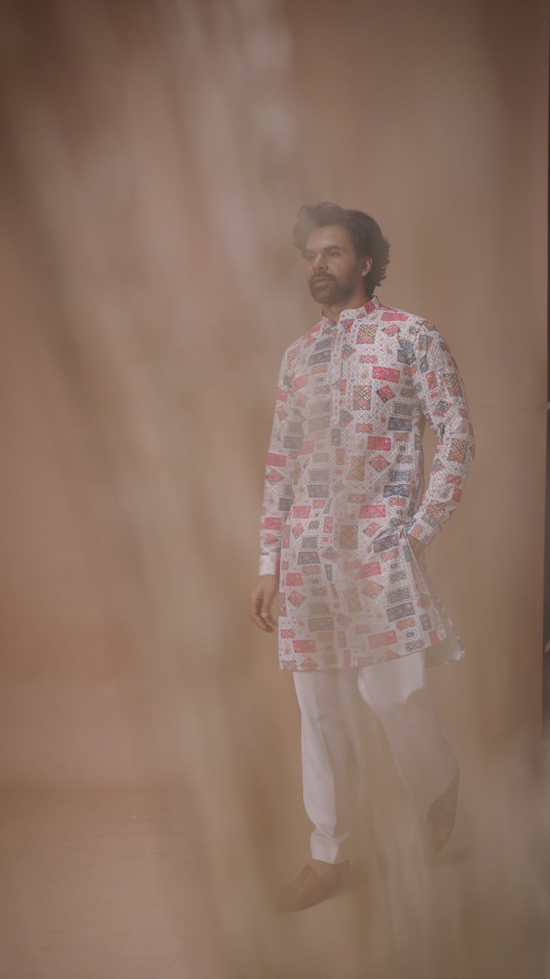 Festive Mosaic Print Kurta with White Pants