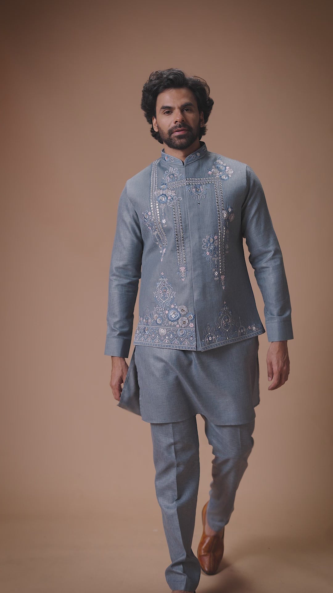 Steel Blue Linen Embroidered Nehru Jacket Kurta Set